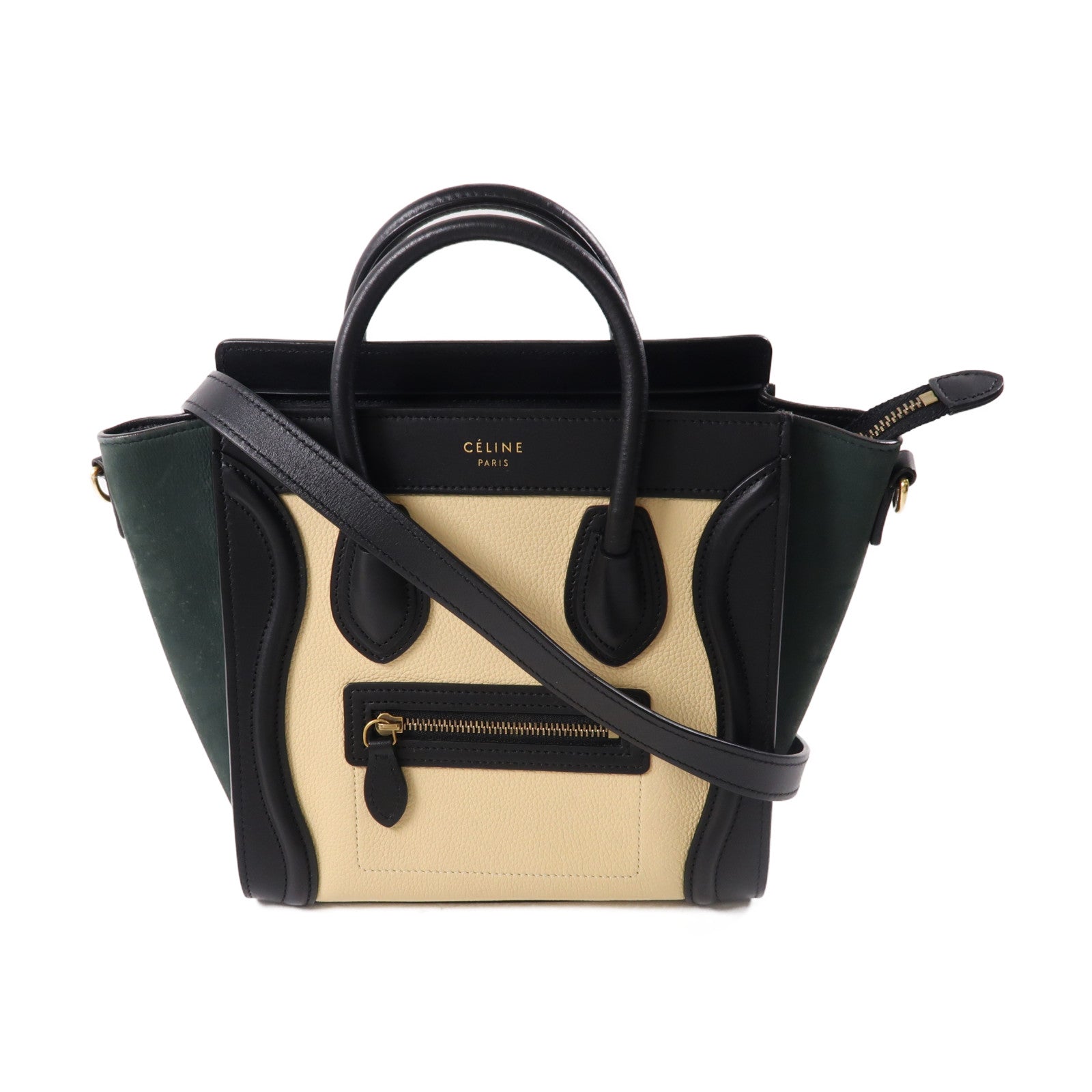 CELINE 牛皮皮革Nano Luggage金扣手挽肩背兩用袋綠色/米色/黑色