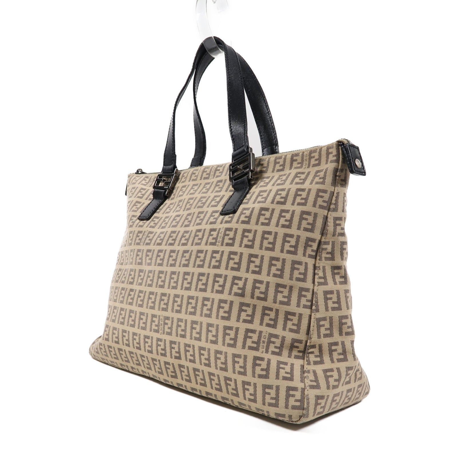 FENDI 帆布Tote Bag銀扣手挽袋米色/黑色