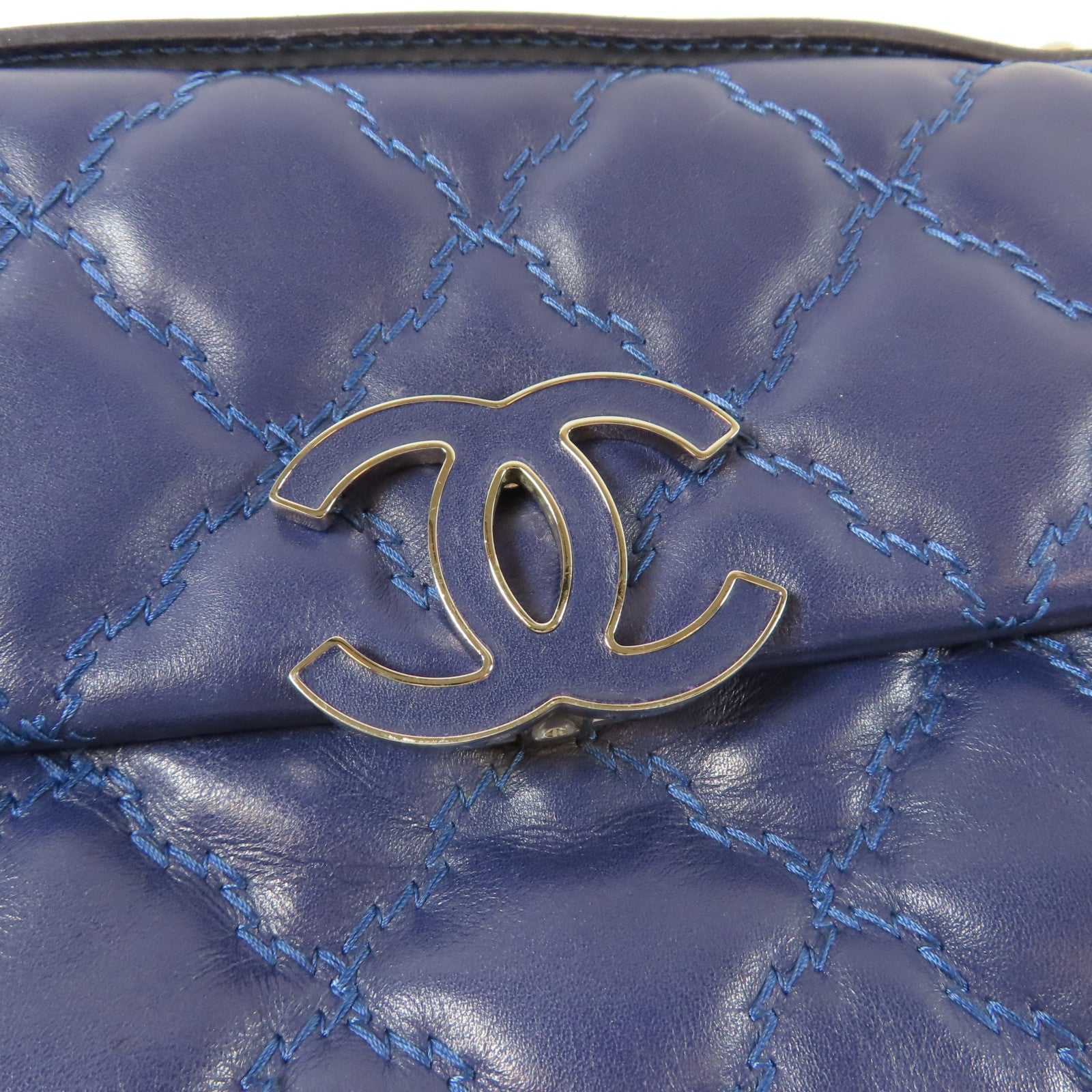 CHANEL 【激減優惠】菱格羊皮皮革Chain Shoulder銀扣鏈帶肩背袋藍色