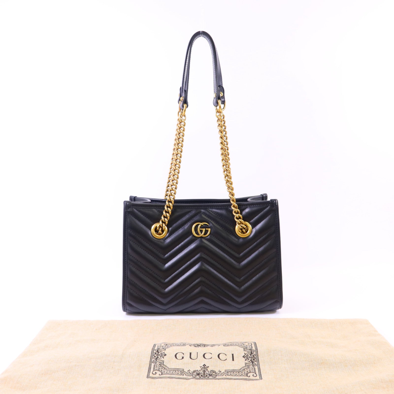 GUCCI 牛皮皮革GG Marmont Small Totel金扣鏈帶肩背袋