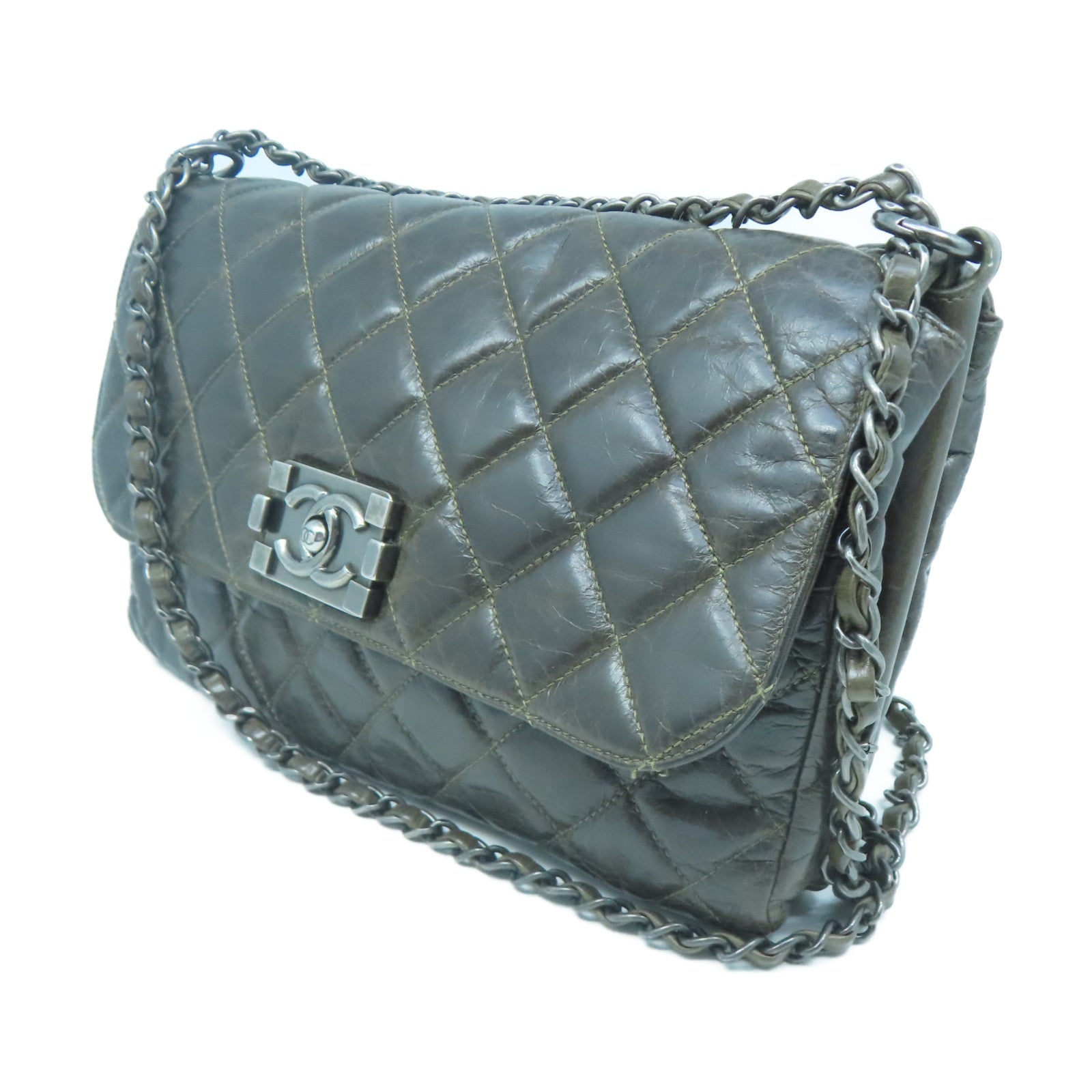 CHANEL 【激減優惠】菱格牛皮皮革Chain Shoulder銀扣鏈帶肩背袋棕色