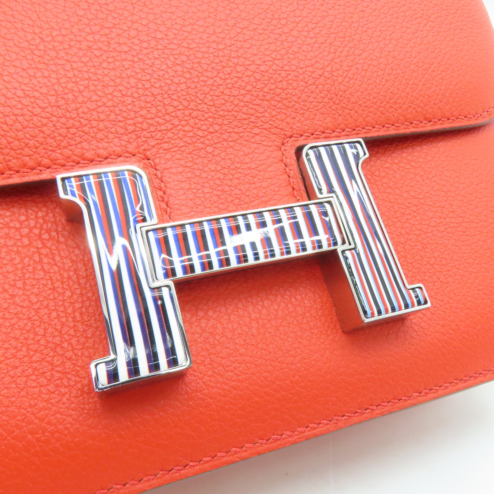 HERMES Evercolor Leather Constance Mini Silver Buckle Shoulder Bag Capucine Orange