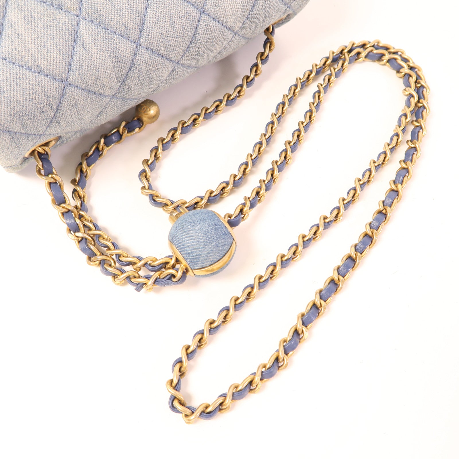 CHANEL 牛仔布Classic 17 With Gold Ball金扣鏈帶肩背袋