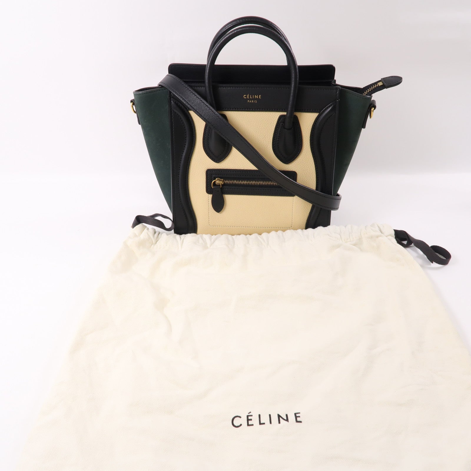 CELINE 牛皮皮革Nano Luggage金扣手挽肩背兩用袋綠色/米色/黑色