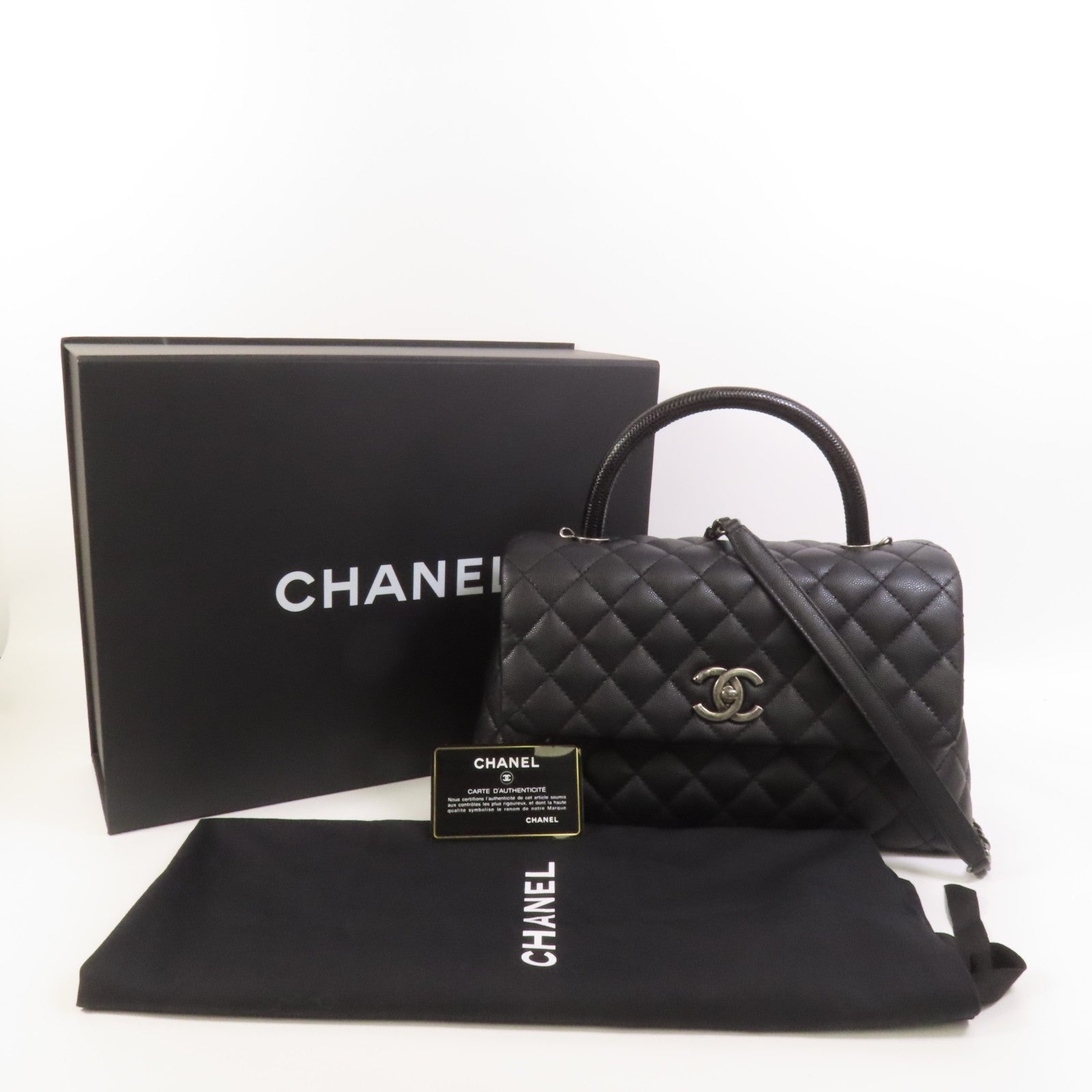 CHANEL 牛皮皮革/蜥蝪皮革Coco Handle Medium鏈帶手挽肩背兩用袋