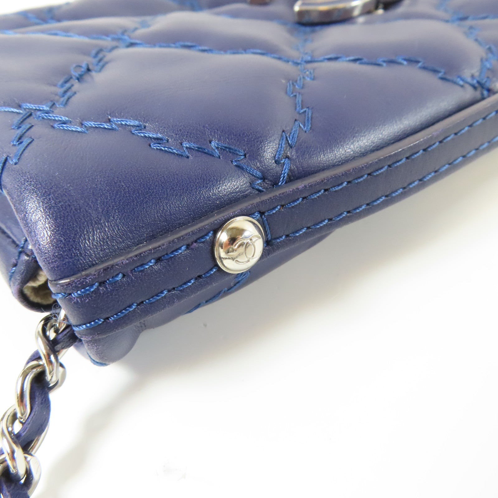 CHANEL 【激減優惠】菱格羊皮皮革Chain Shoulder銀扣鏈帶肩背袋藍色