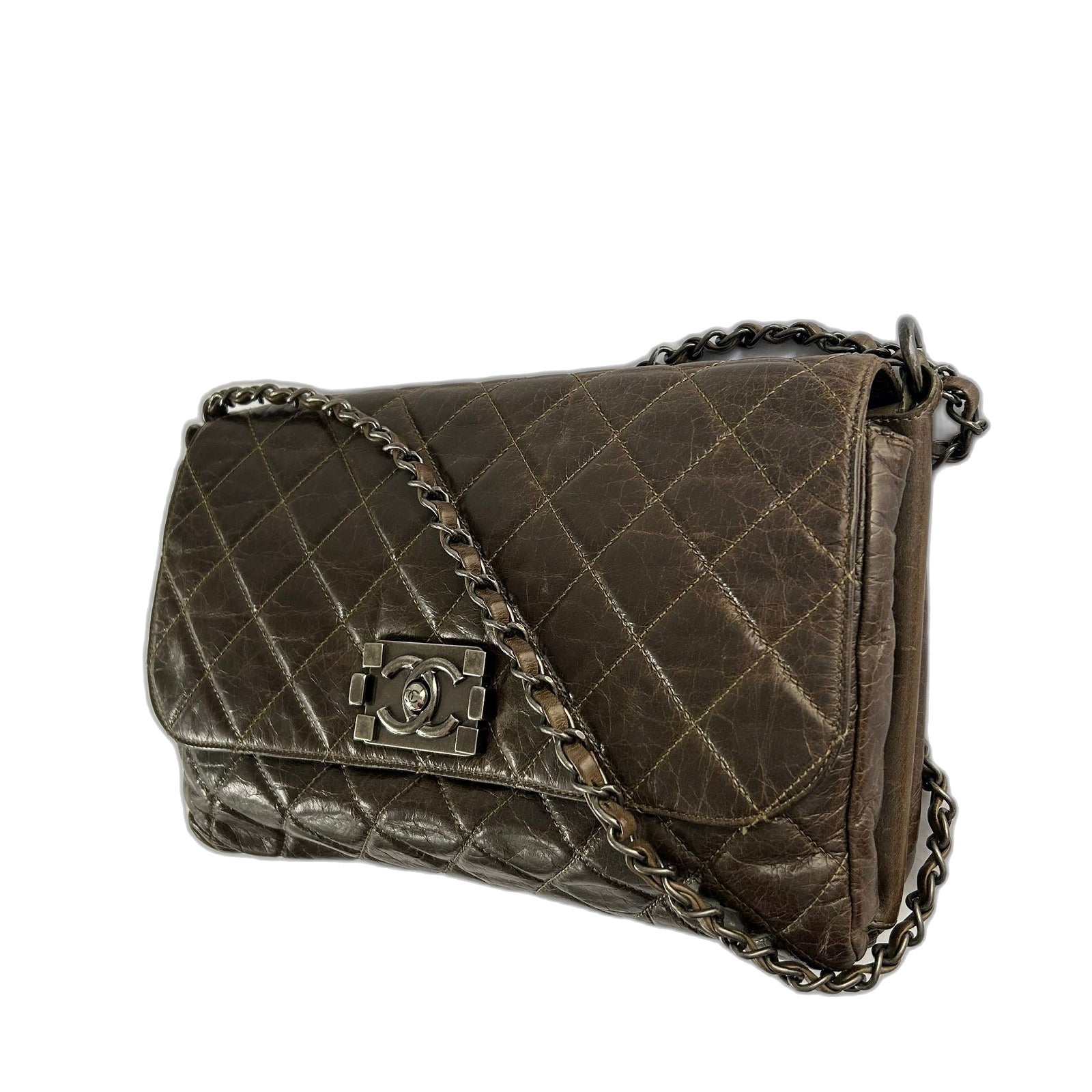 CHANEL 菱格牛皮皮革Chain Shoulder銀扣鏈帶肩背袋啡色