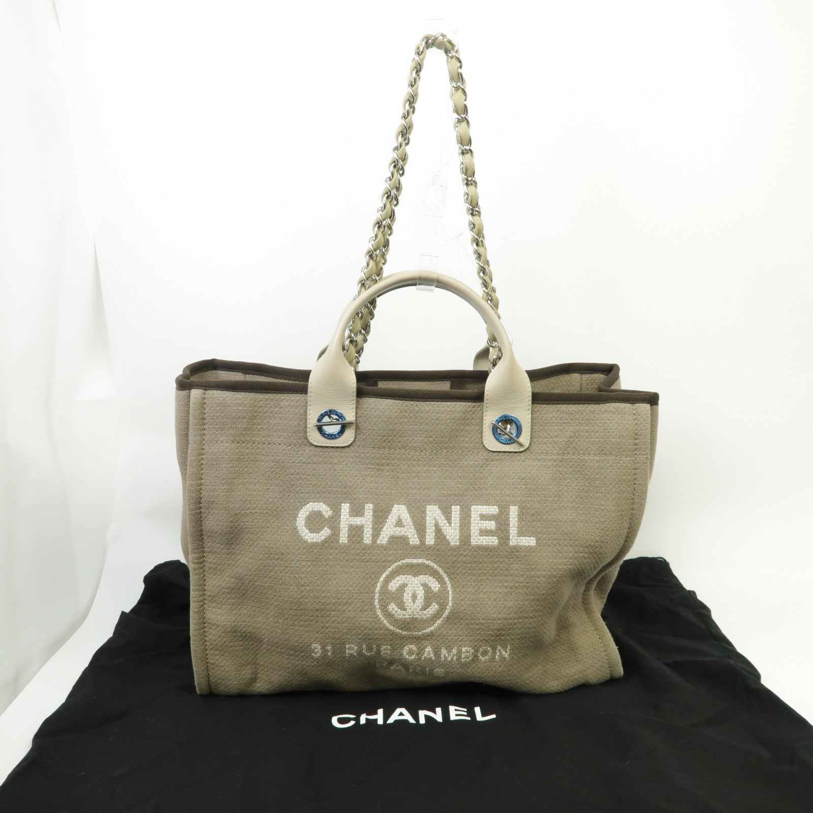 CHANEL 帆布Deauville Tote Bag銀扣手挽肩背兩用袋淺啡色