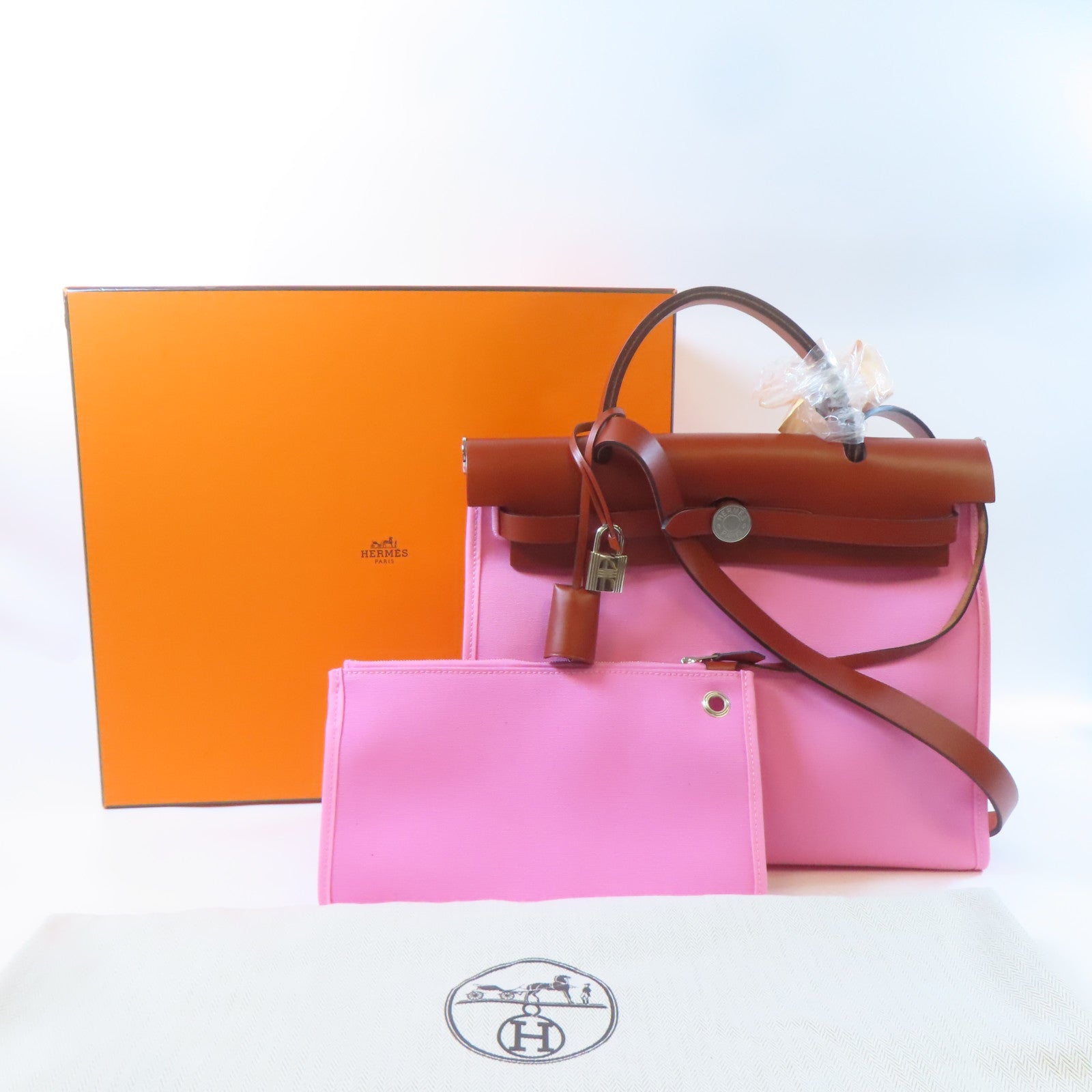 HERMES 帆布Herbag PM銀扣手挽肩背兩用袋粉紅色