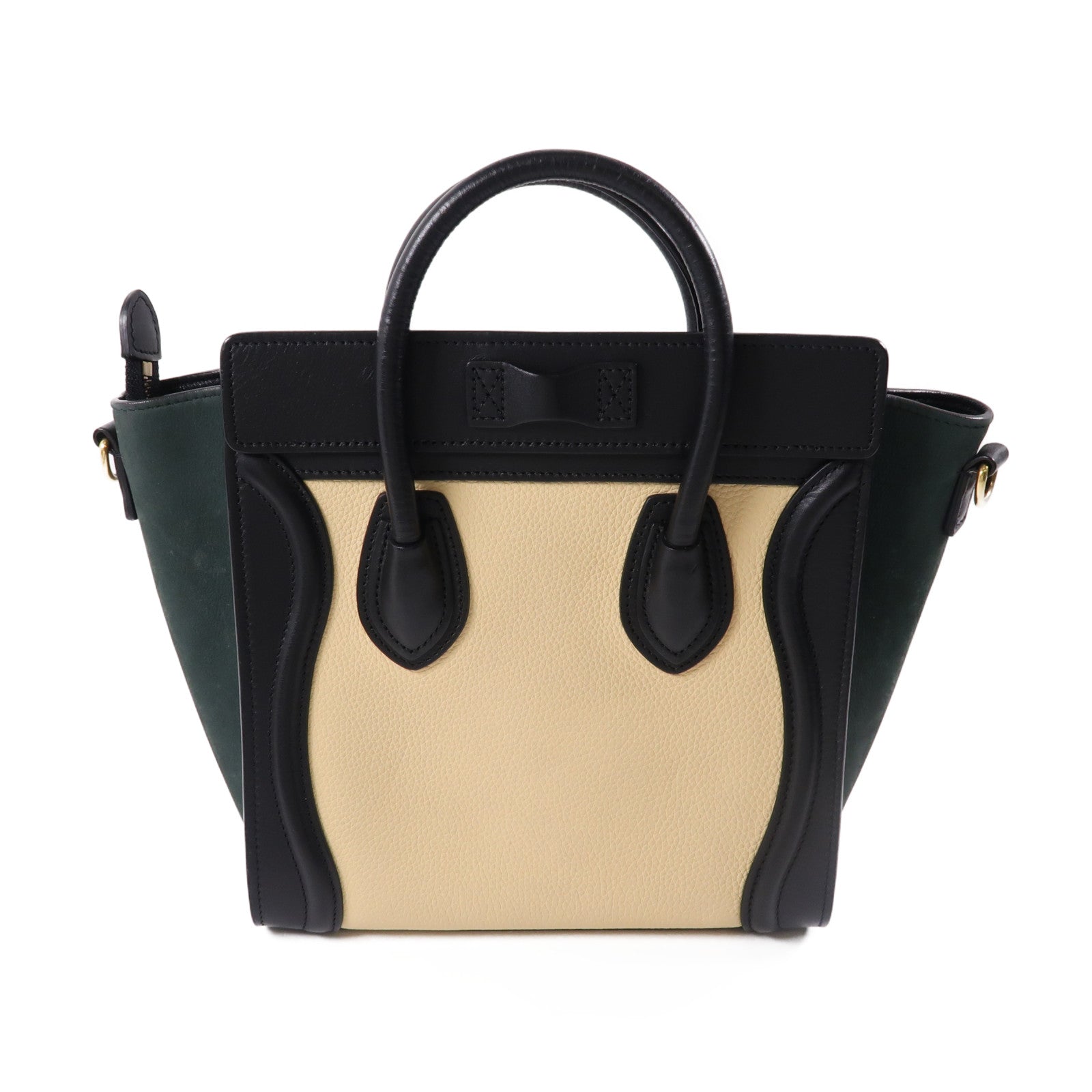 CELINE 牛皮皮革Nano Luggage金扣手挽肩背兩用袋綠色/米色/黑色