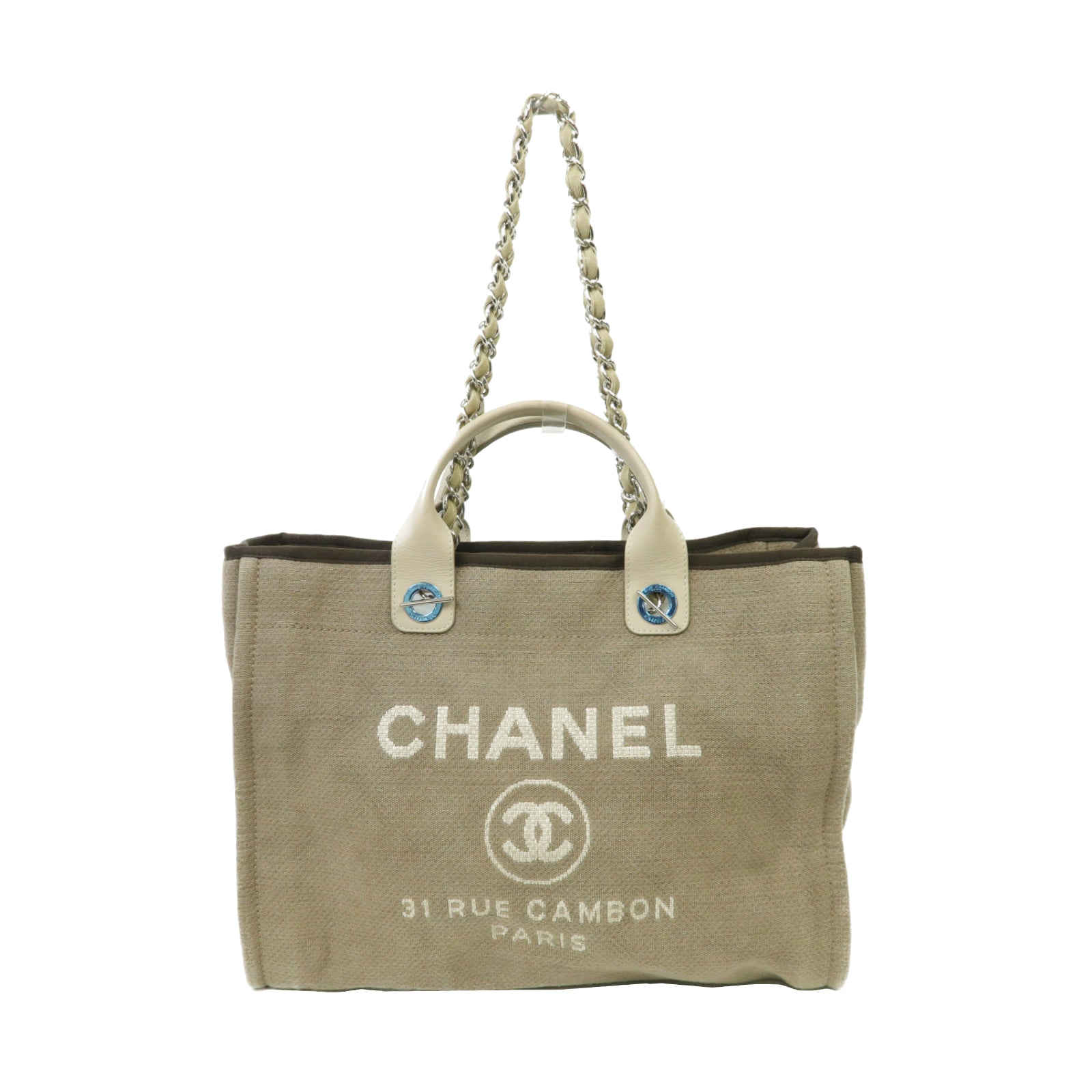 CHANEL 帆布Deauville Tote Bag銀扣手挽肩背兩用袋淺啡色