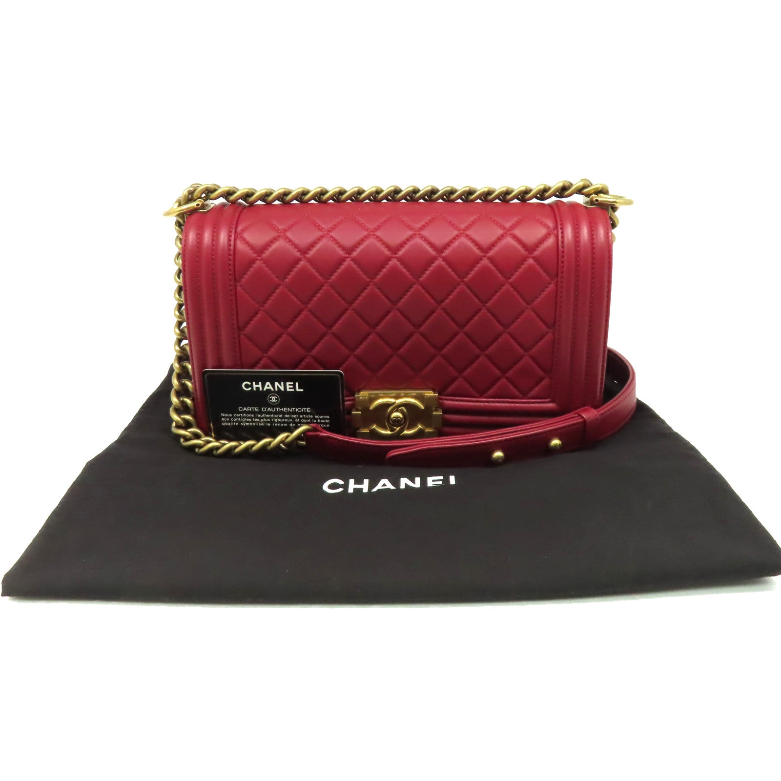 CHANEL **【激減優惠】菱格牛皮皮革Boy Chanel Chain Shoulder Bag金扣鏈帶肩背袋酒紅色