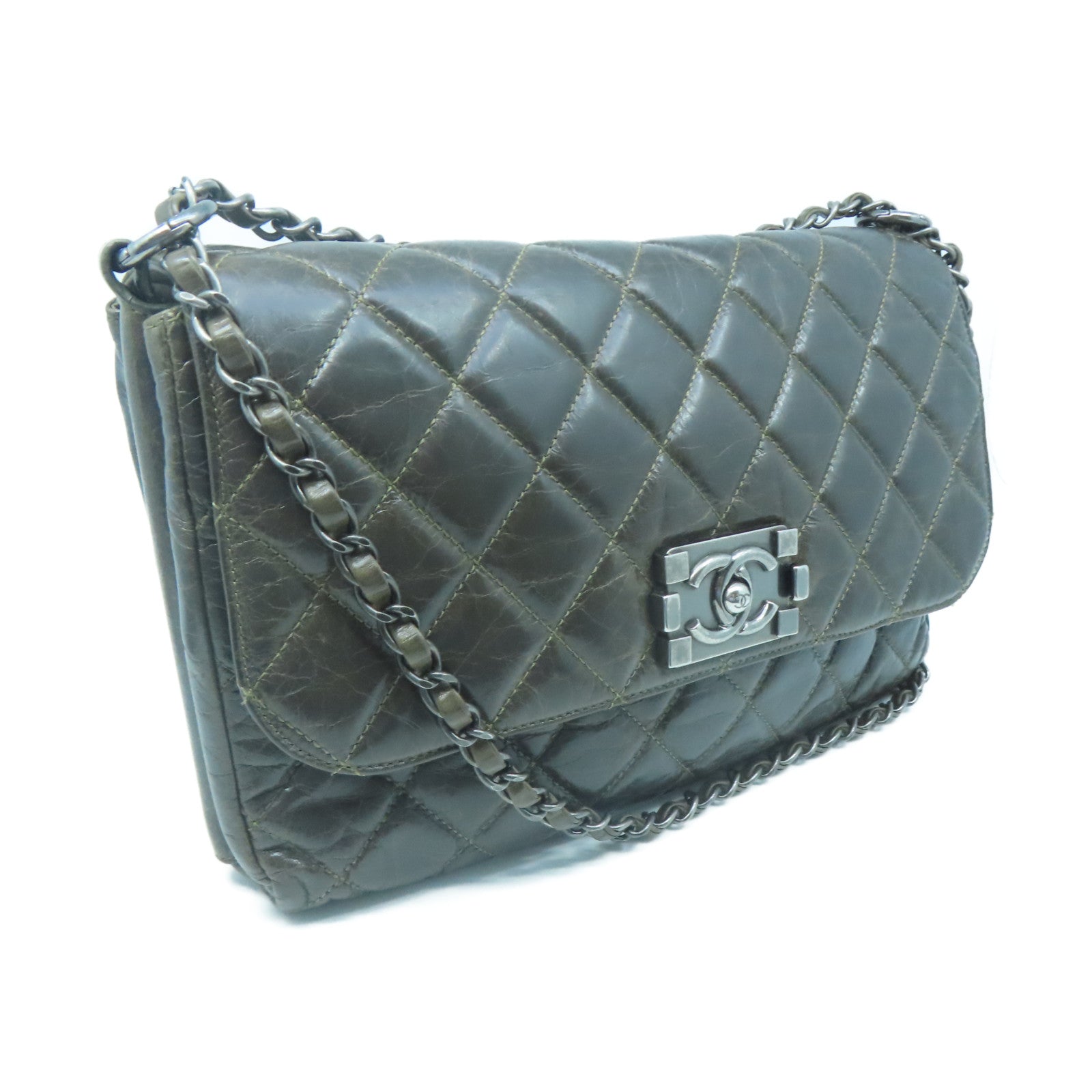 CHANEL 【激減優惠】菱格牛皮皮革Chain Shoulder銀扣鏈帶肩背袋棕色