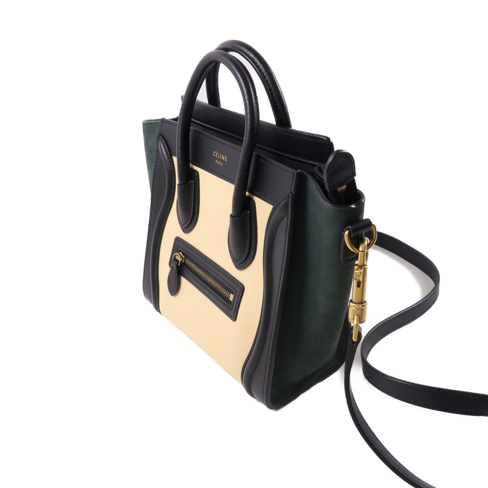 CELINE 牛皮皮革Nano Luggage金扣手挽肩背兩用袋綠色/米色/黑色