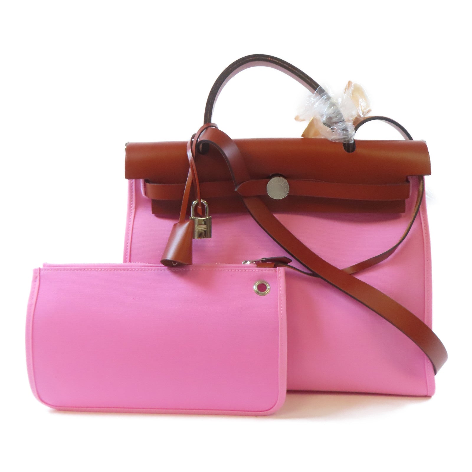 HERMES 帆布Herbag PM銀扣手挽肩背兩用袋粉紅色