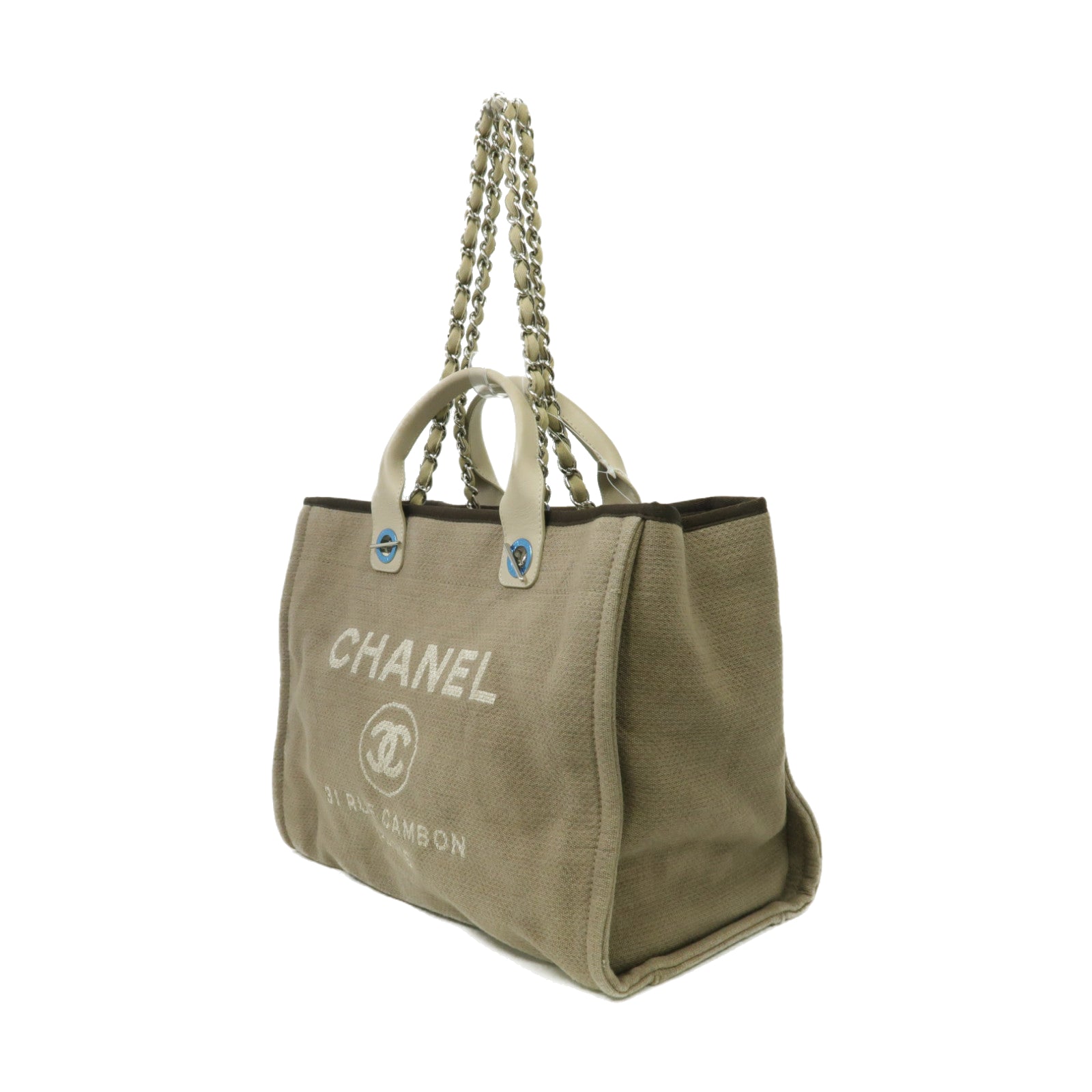 CHANEL 帆布Deauville Tote Bag銀扣手挽肩背兩用袋淺啡色