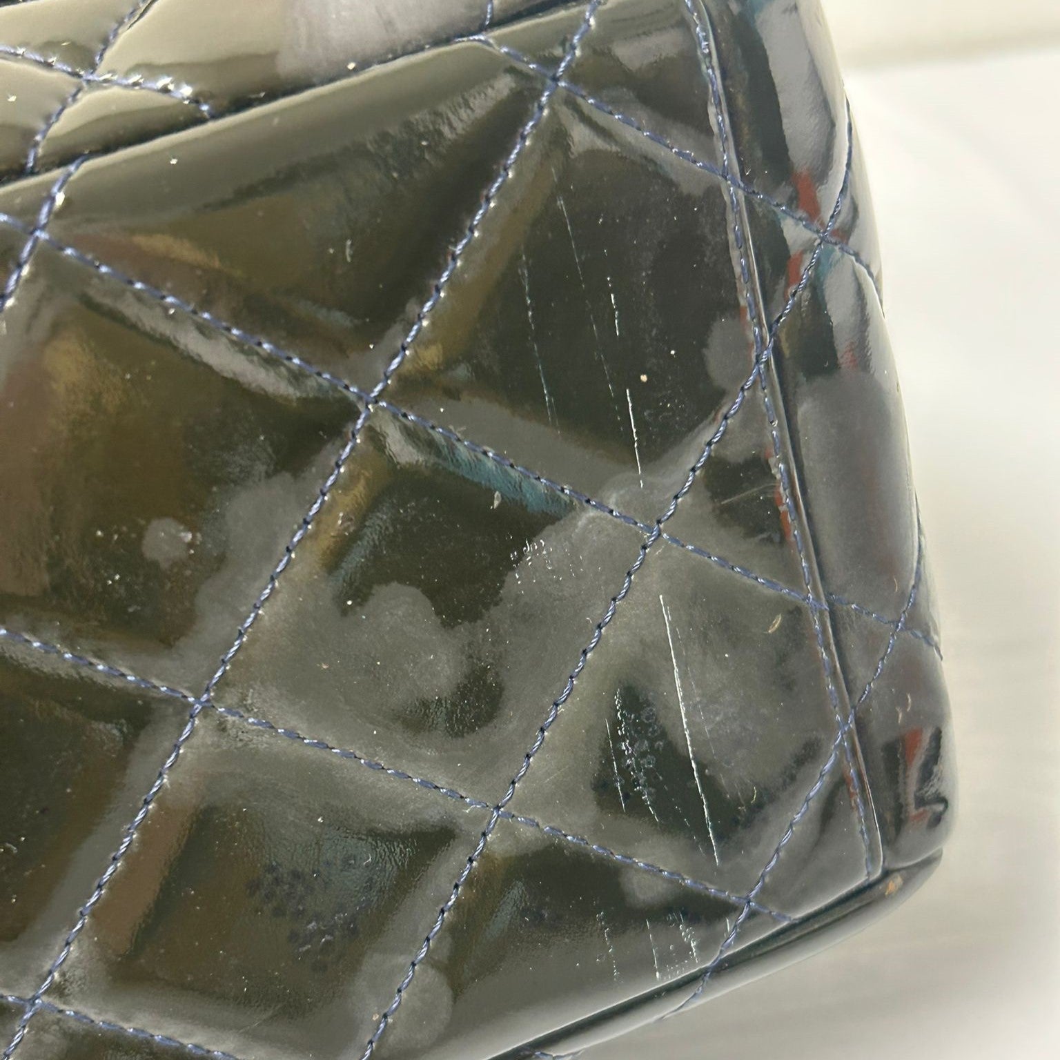 CHANEL CC SHW Maxi Classic Chain Shoulder Bag A5860 Patent Leather Dark Green