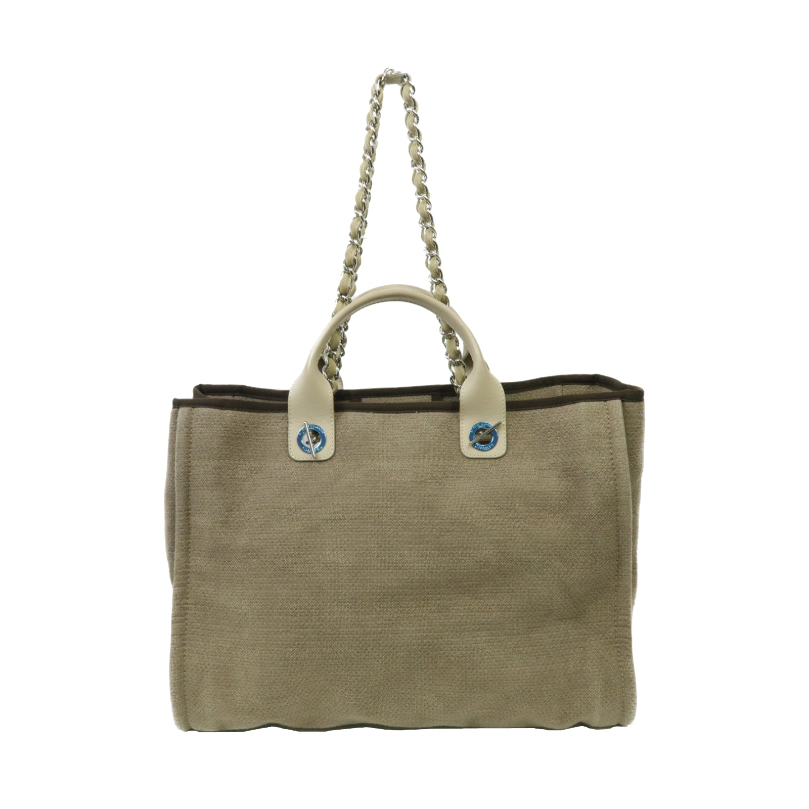 CHANEL 帆布Deauville Tote Bag銀扣手挽肩背兩用袋淺啡色
