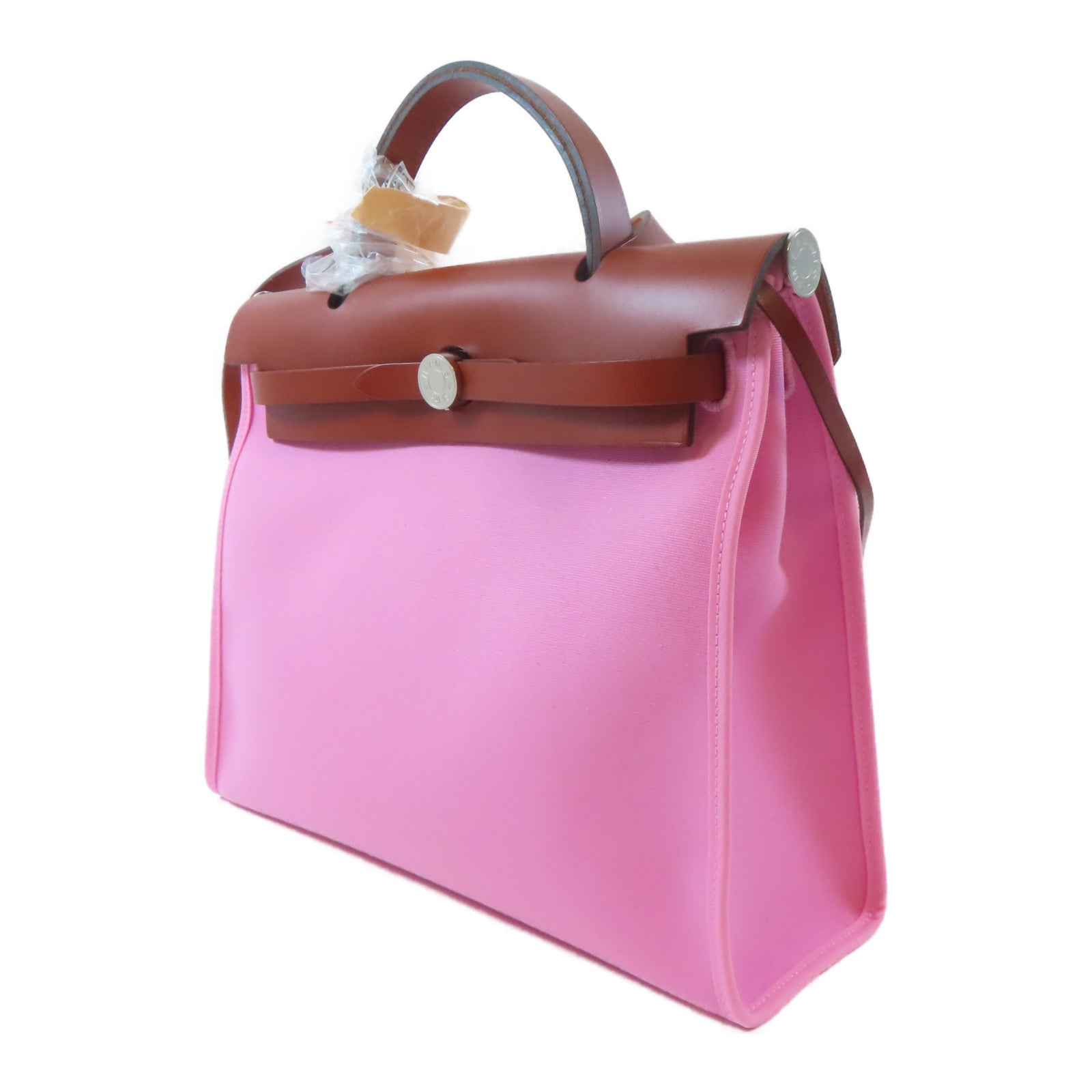 HERMES 帆布Herbag PM銀扣手挽肩背兩用袋粉紅色