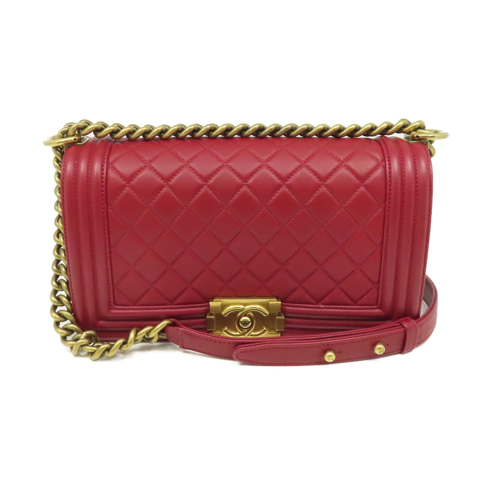 CHANEL **【激減優惠】菱格牛皮皮革Boy Chanel Chain Shoulder Bag金扣鏈帶肩背袋酒紅色