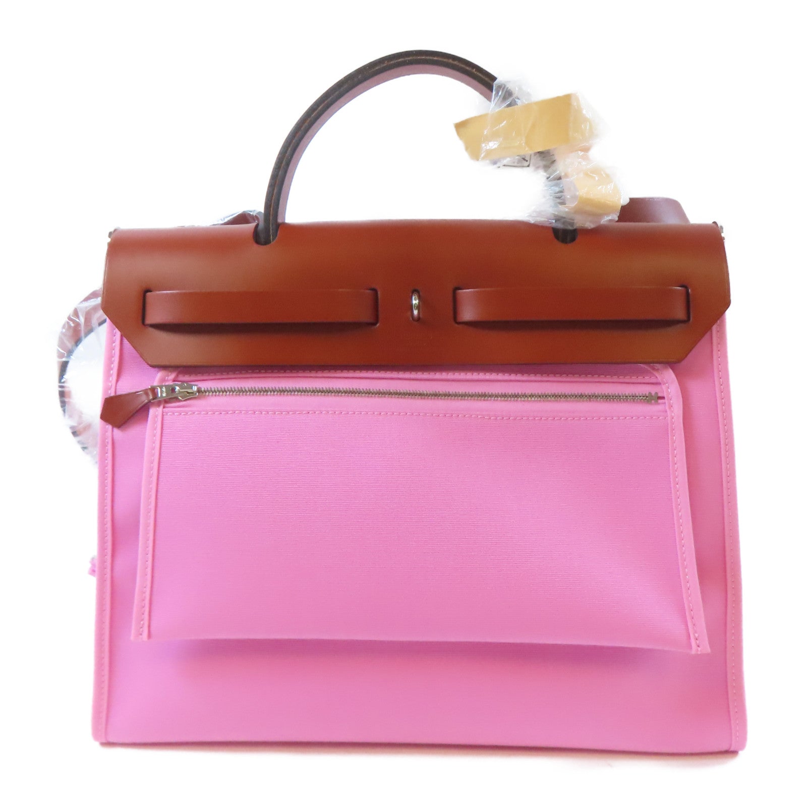 HERMES 帆布Herbag PM銀扣手挽肩背兩用袋粉紅色