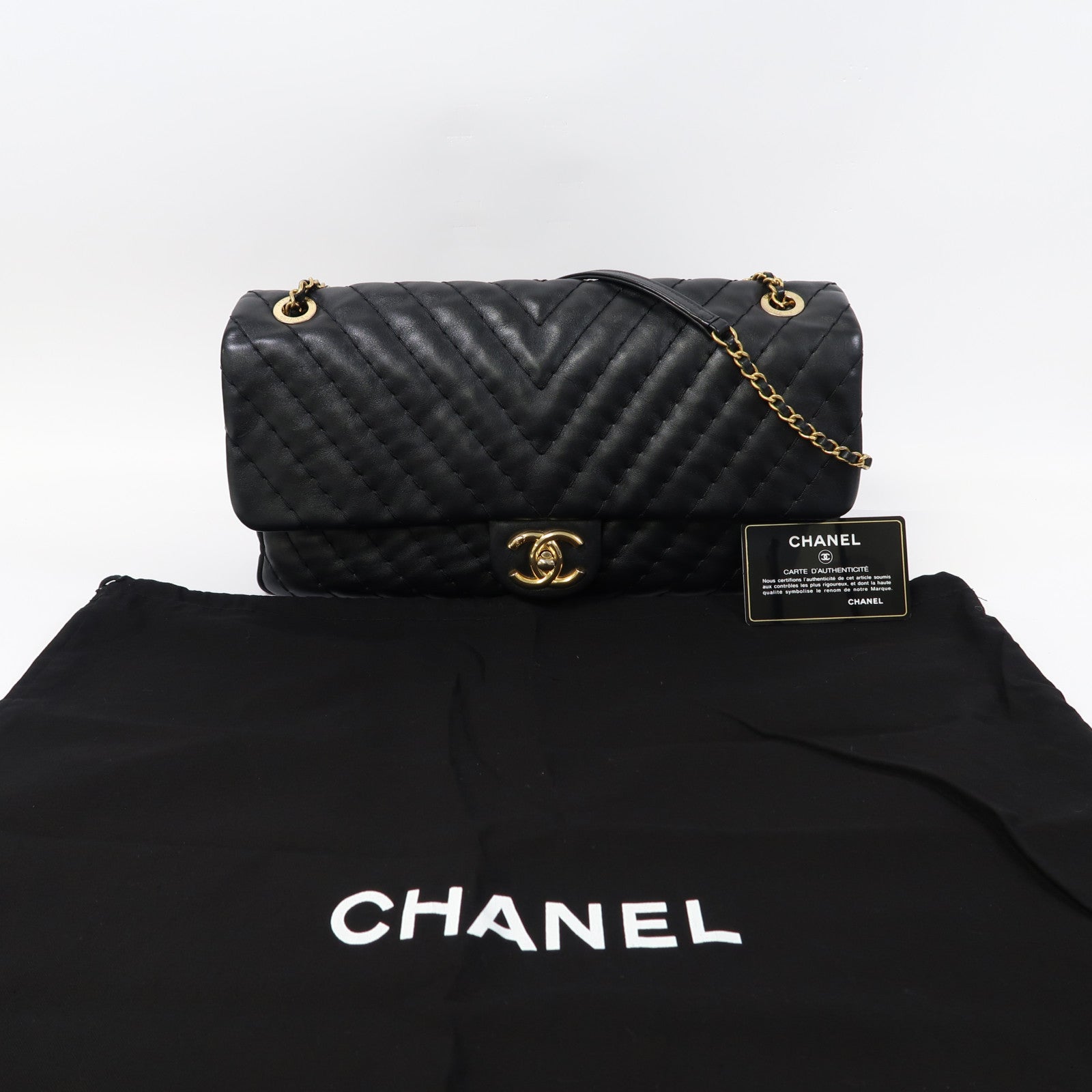 CHANEL 斜紋羊皮皮革Chain Shoulder金扣鏈帶肩背袋黑色