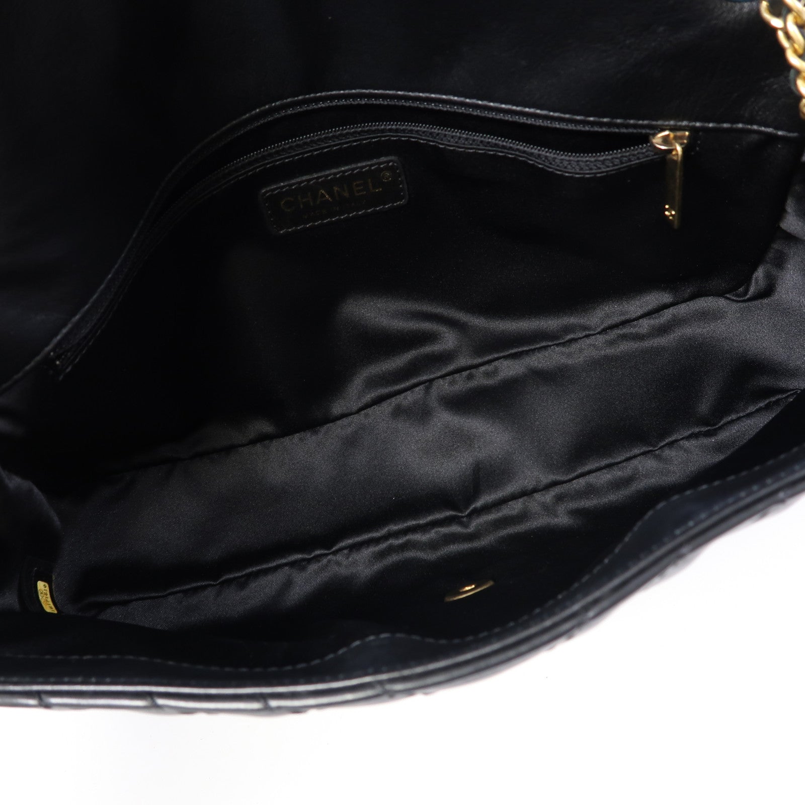 CHANEL 斜紋羊皮皮革Chain Shoulder金扣鏈帶肩背袋黑色