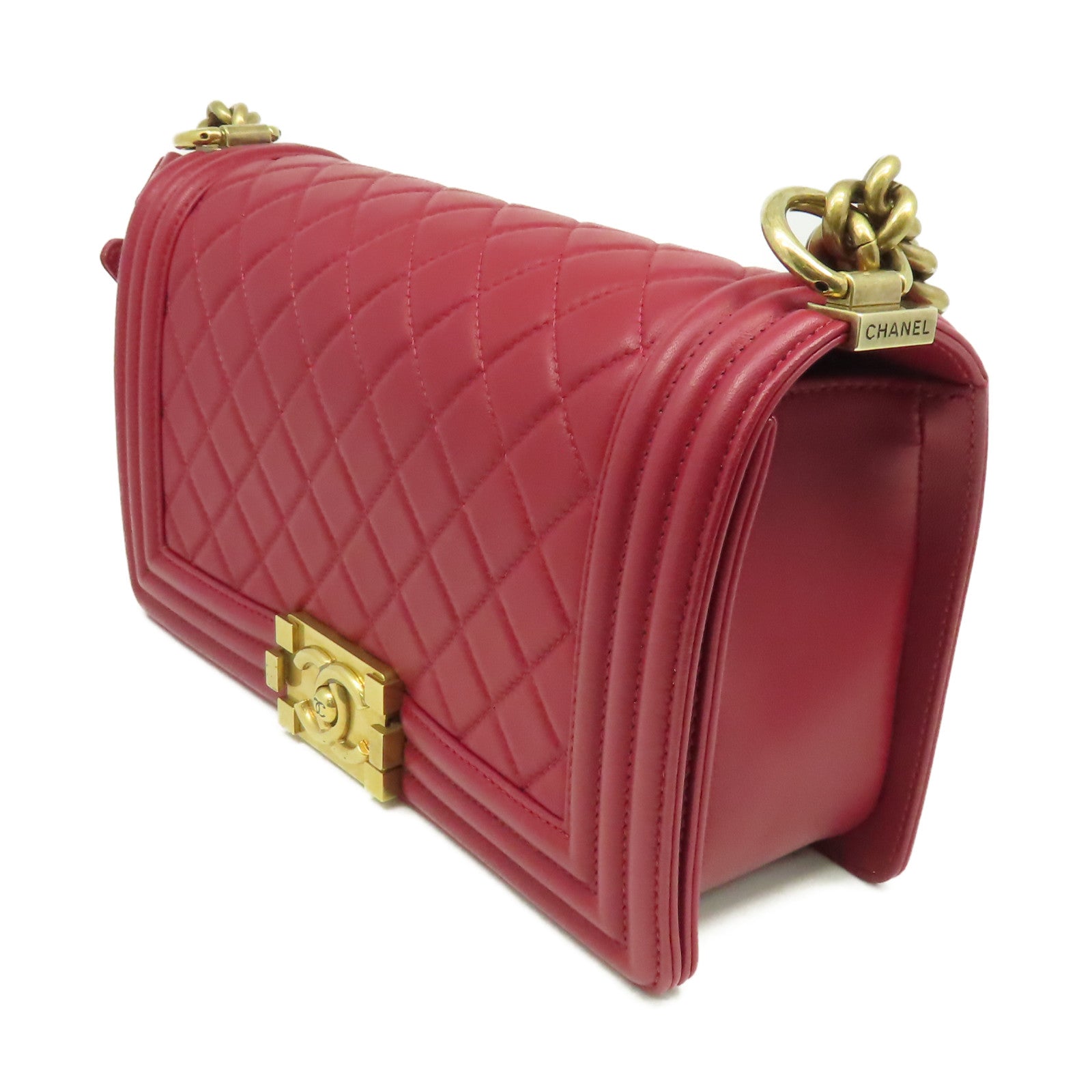 CHANEL **【激減優惠】菱格牛皮皮革Boy Chanel Chain Shoulder Bag金扣鏈帶肩背袋酒紅色