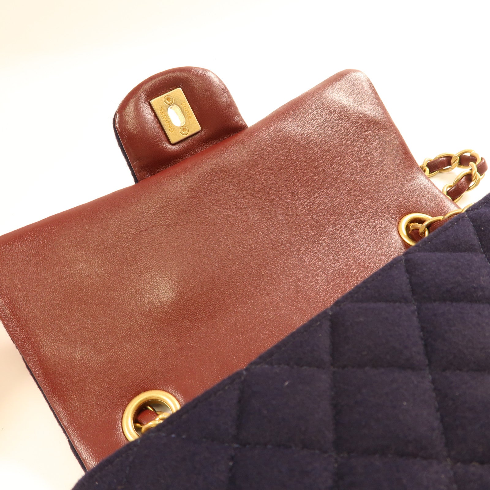 CHANEL CC GHW Charms Mini Rect Chain Shoulder Bag Wool Navy Blue