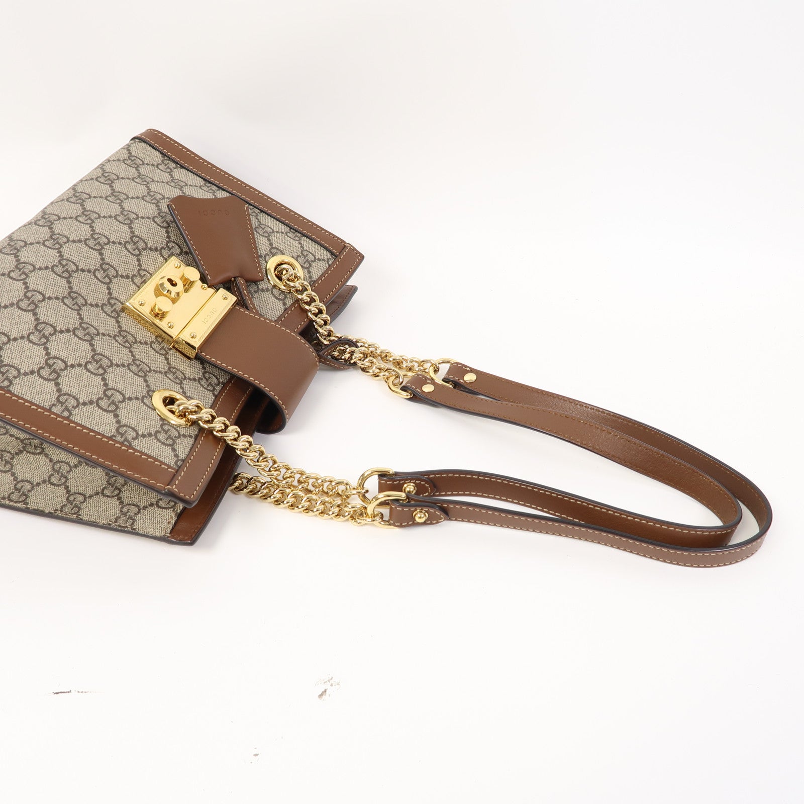 GUCCI 塗層帆布Padlock Small金扣鏈帶肩背袋啡色