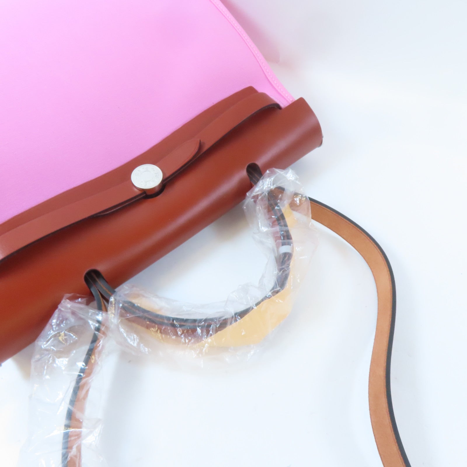 HERMES 帆布Herbag PM銀扣手挽肩背兩用袋粉紅色