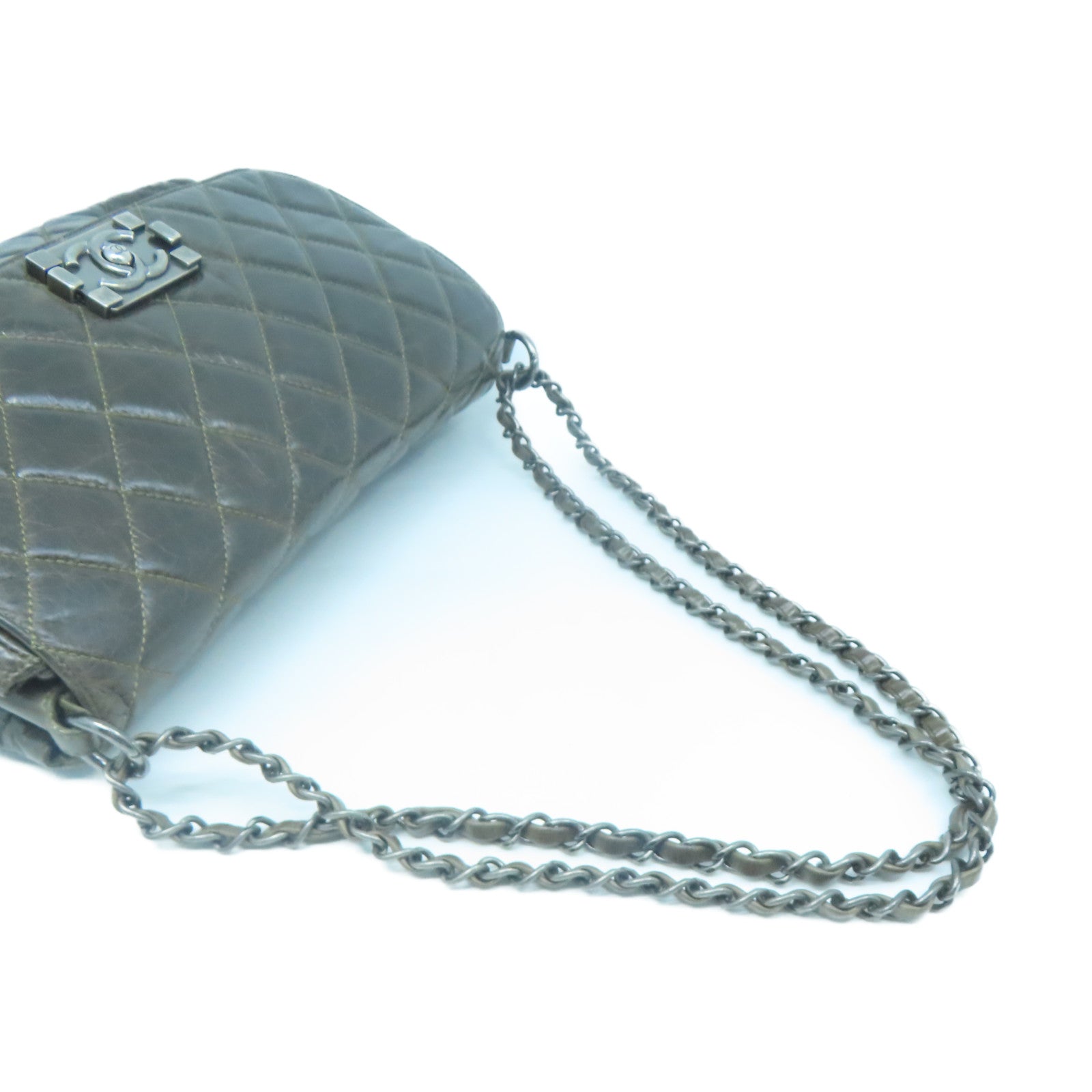 CHANEL 【激減優惠】菱格牛皮皮革Chain Shoulder銀扣鏈帶肩背袋棕色