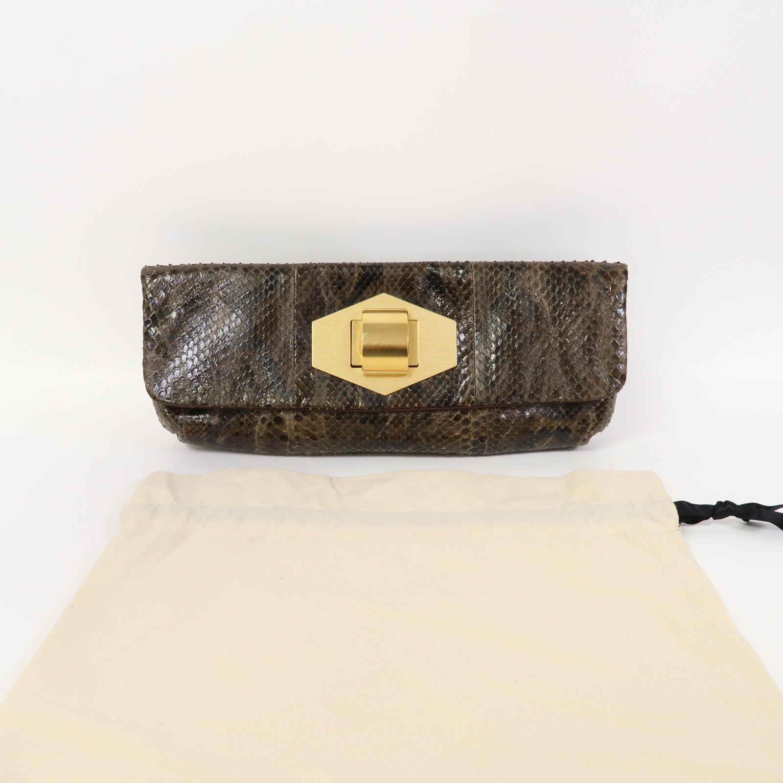 LANVIN 【激減優惠】蛇皮皮革Clutch金扣手拿包啡色
