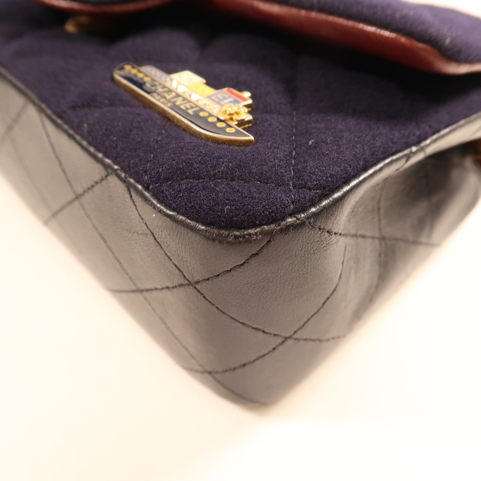 CHANEL CC GHW Charms Mini Rect Chain Shoulder Bag Wool Navy Blue