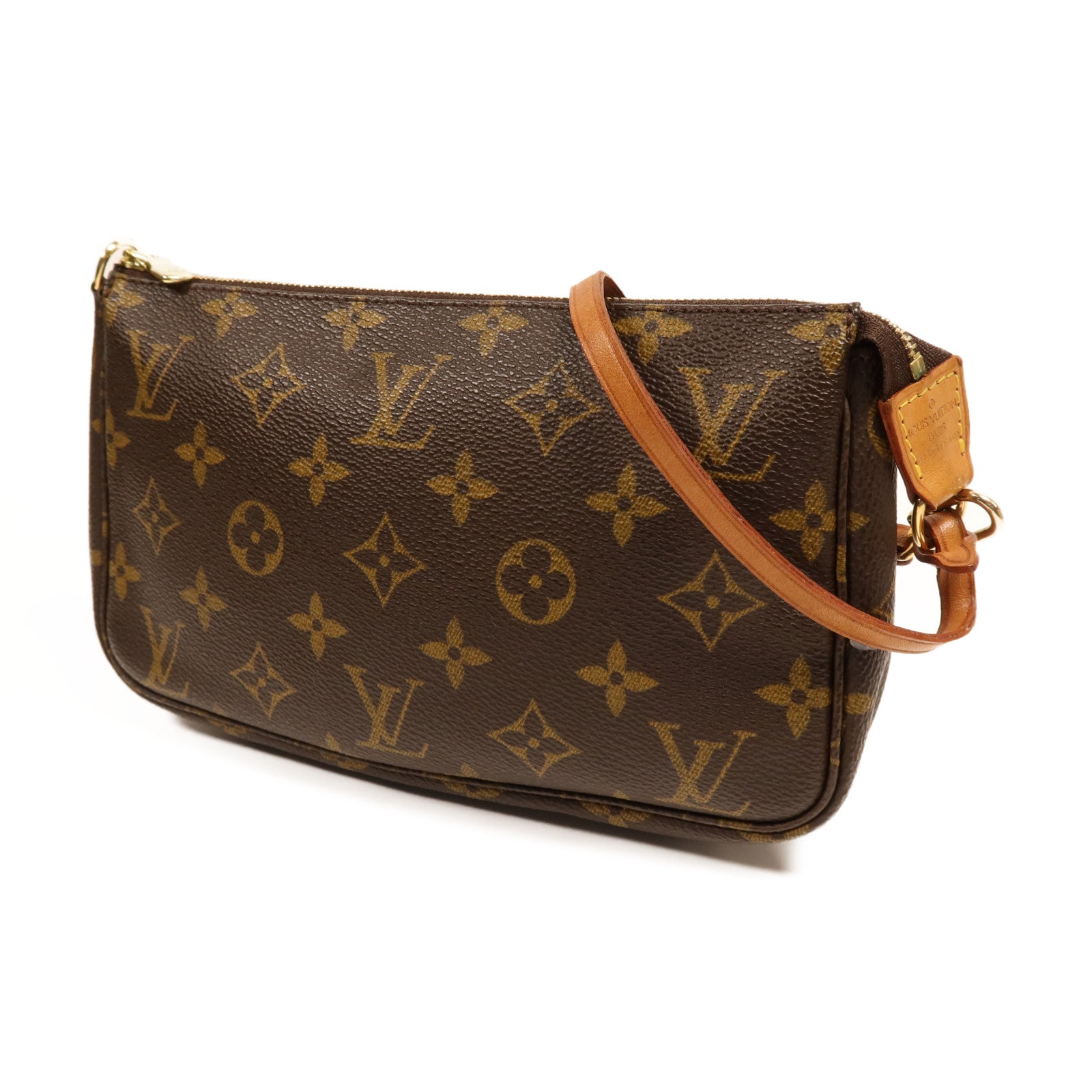 LOUIS VUITTON Monogram Pochette Accessoires金扣手挽袋棕色