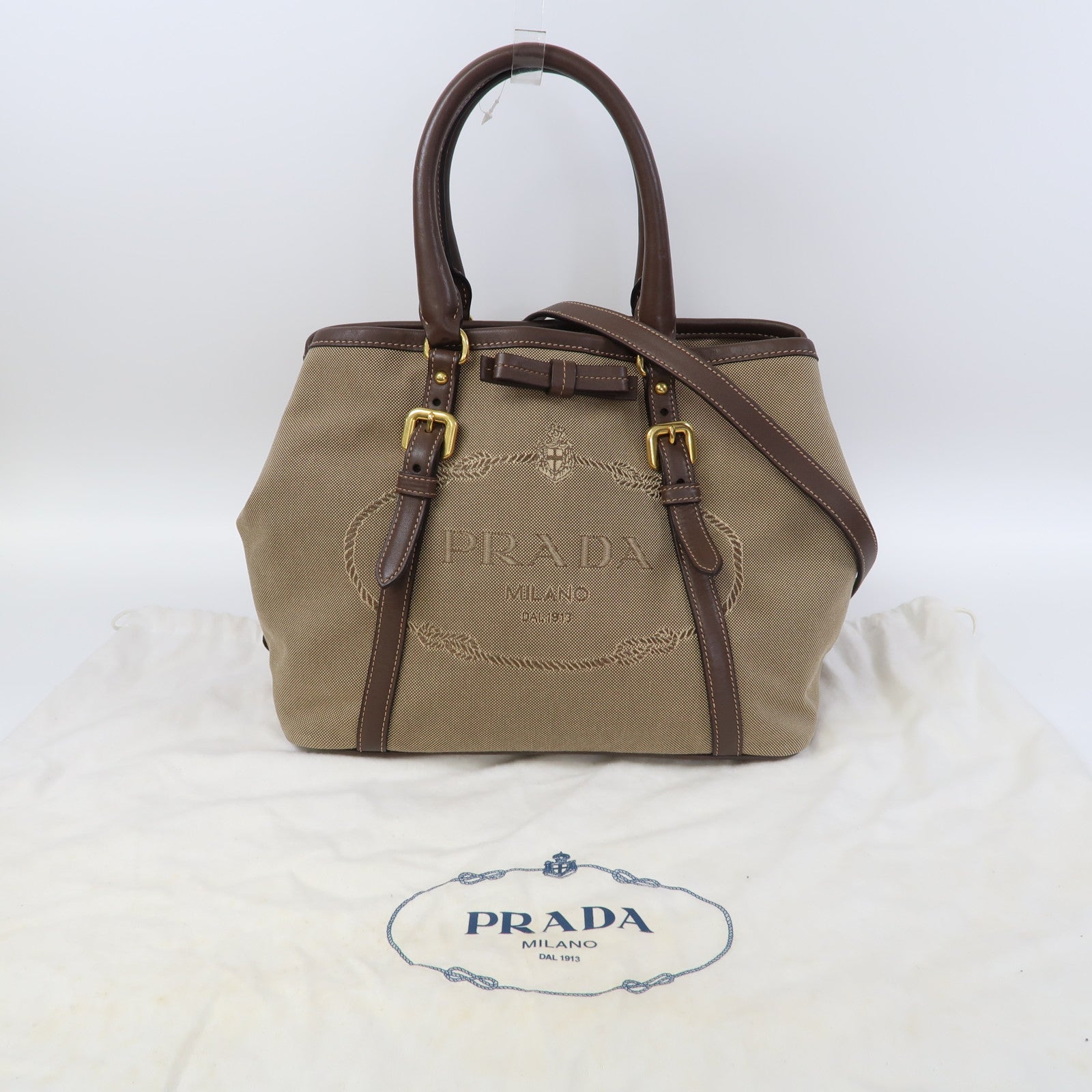 PRADA 帆布Logo Jacquard金扣手挽肩背兩用袋啡色