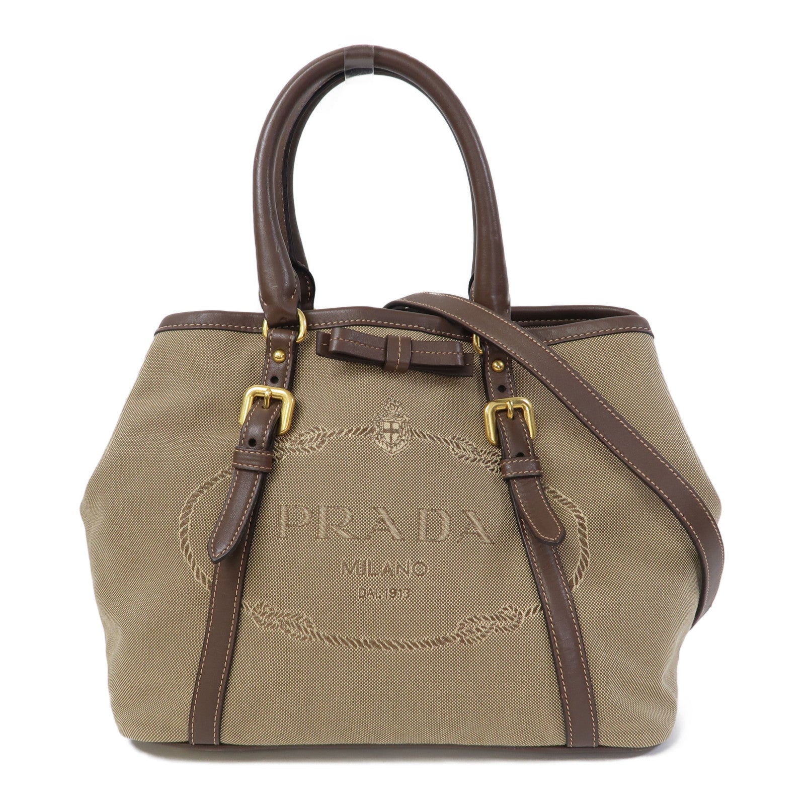 PRADA 帆布Logo Jacquard金扣手挽肩背兩用袋啡色