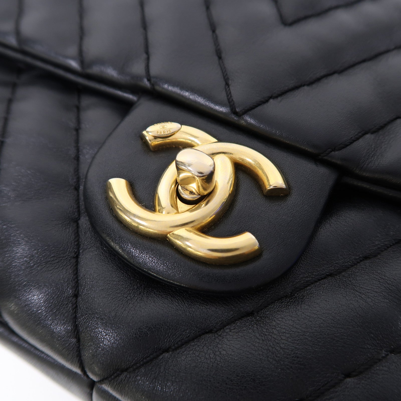 CHANEL 斜紋羊皮皮革Chain Shoulder金扣鏈帶肩背袋黑色