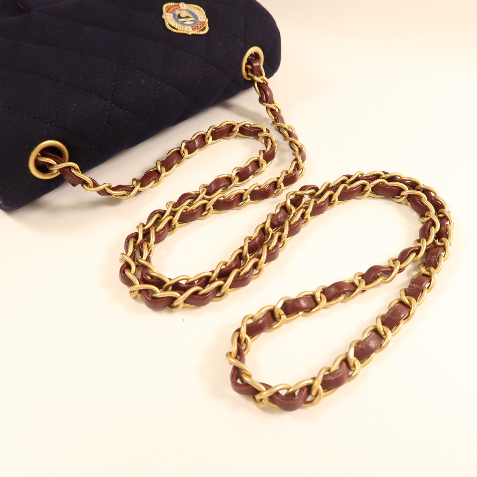 CHANEL CC GHW Charms Mini Rect Chain Shoulder Bag Wool Navy Blue