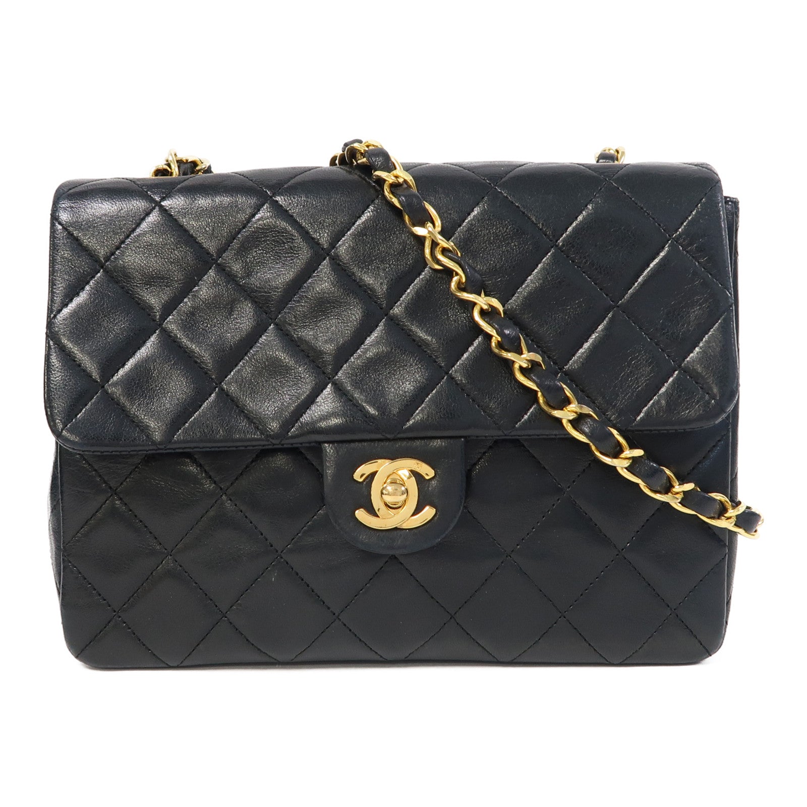 CHANEL 菱格羊皮皮革Classic金扣鏈帶肩背袋黑色
