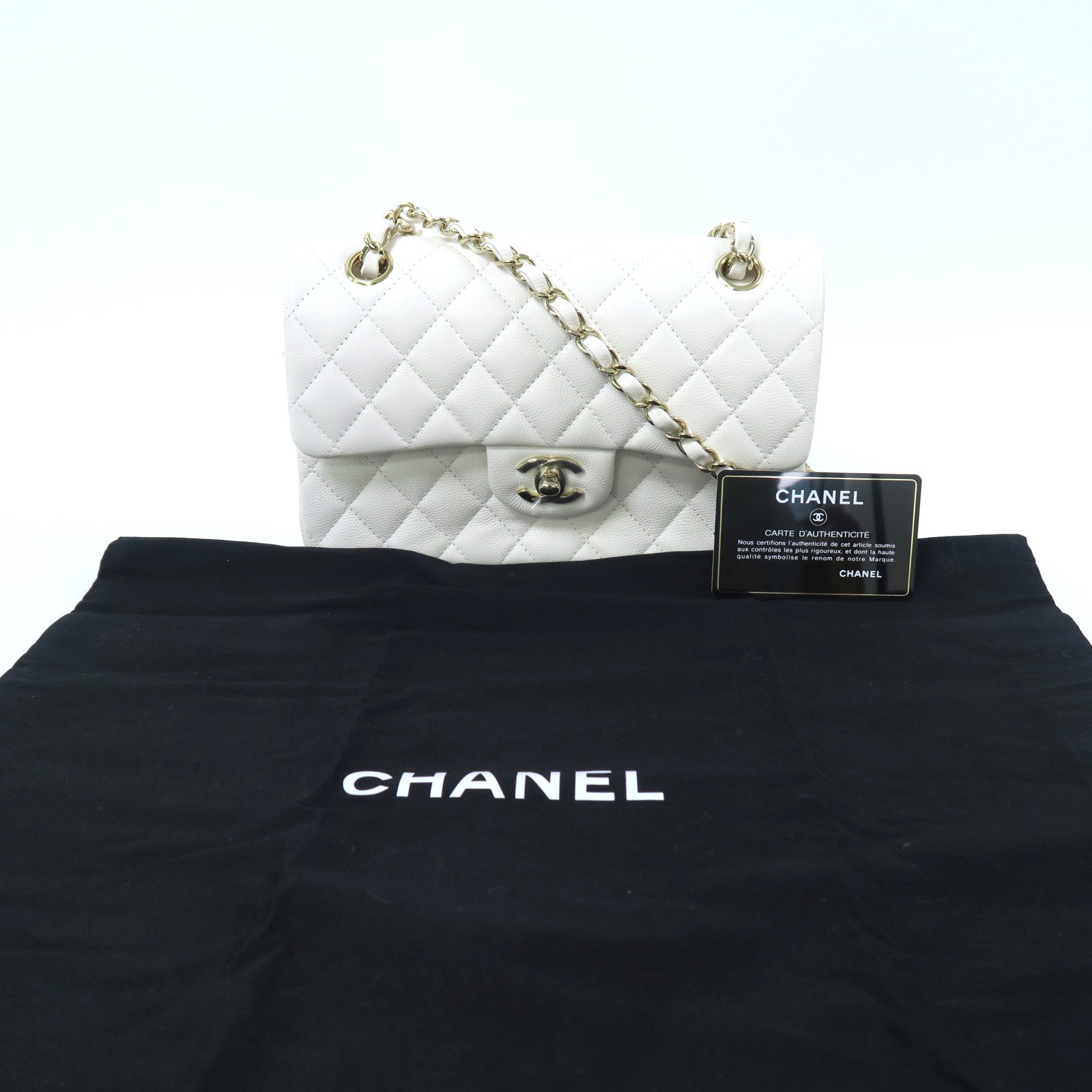CHANEL 菱格Caviar皮革Classic Flap 23金扣鏈帶肩背袋白色