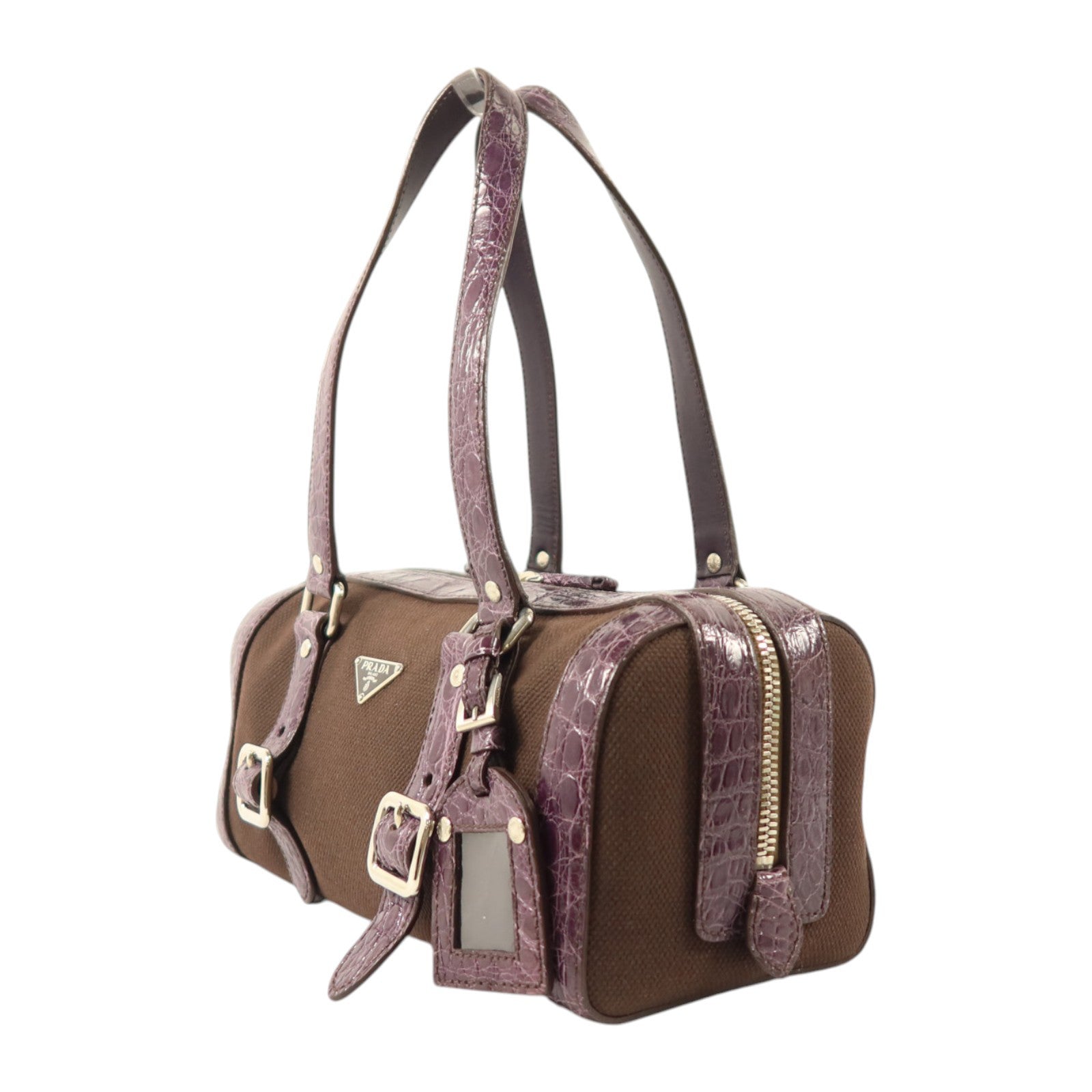 PRADA 帆布/鱷魚皮革Sybille Hand Bag銀扣手挽袋
