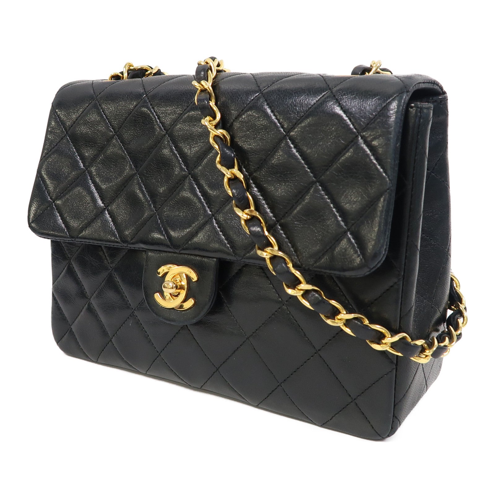 CHANEL 菱格羊皮皮革Classic金扣鏈帶肩背袋黑色