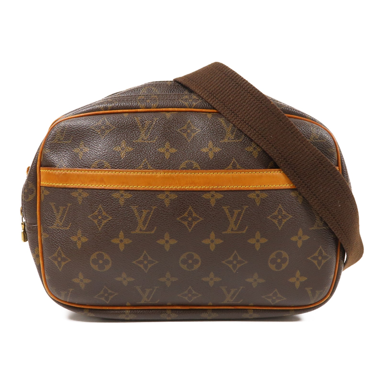 LOUIS VUITTON Monogram Reporter PM金扣肩背袋棕色