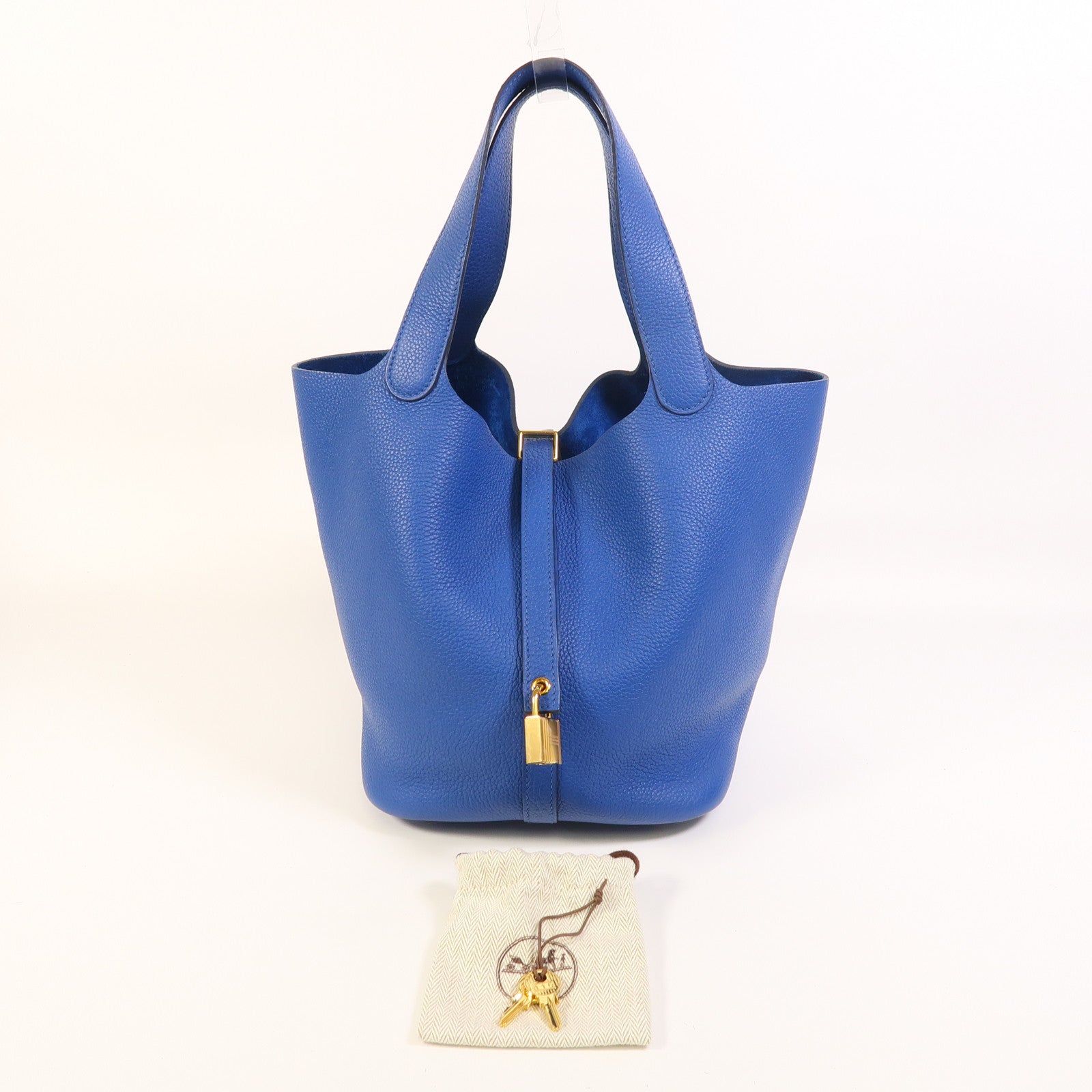 HERMES Clemence皮革Picotin MM金扣手挽袋Bleu France