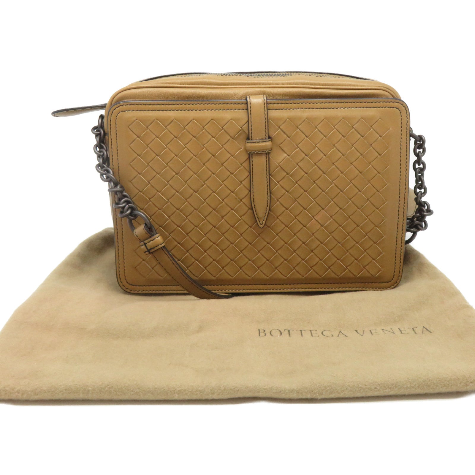 BOTTEGA VENETA 【激減優惠】織紋皮革Shoulder Bag黑扣鏈帶肩背袋啡色