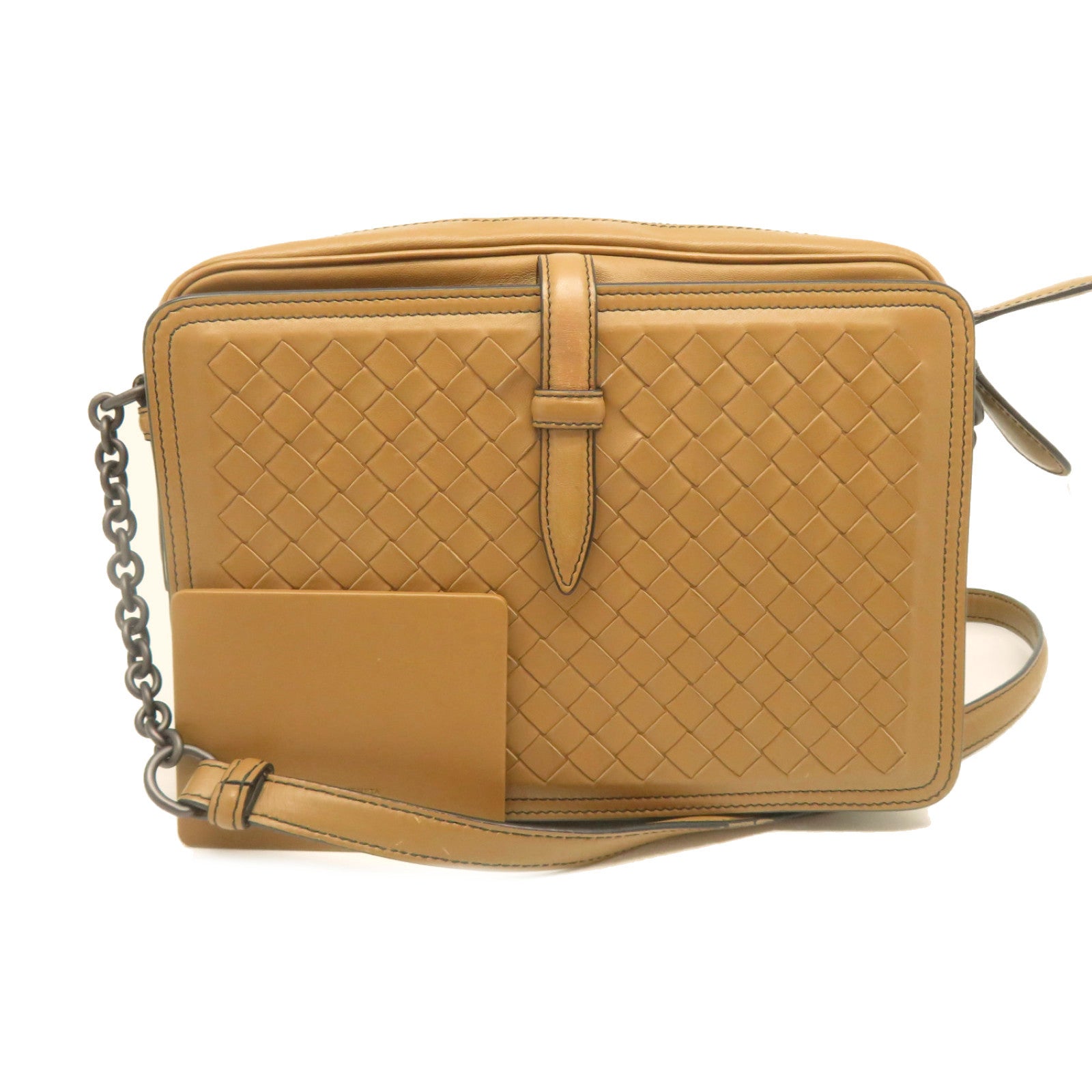 BOTTEGA VENETA 【激減優惠】織紋皮革Shoulder Bag黑扣鏈帶肩背袋啡色