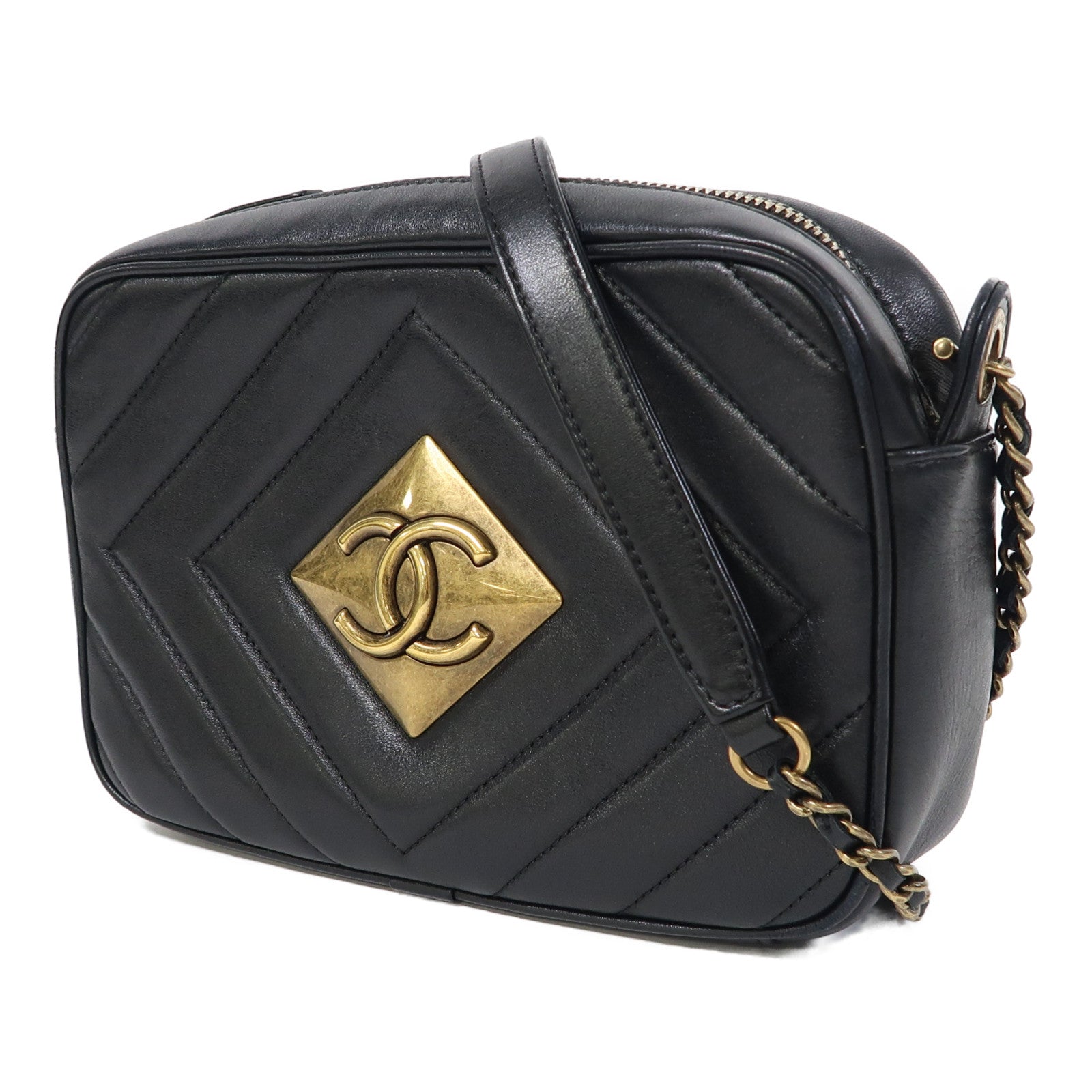 CHANEL 【激減優惠】羊皮皮革Chain Shoulder金扣鏈帶肩背袋黑色
