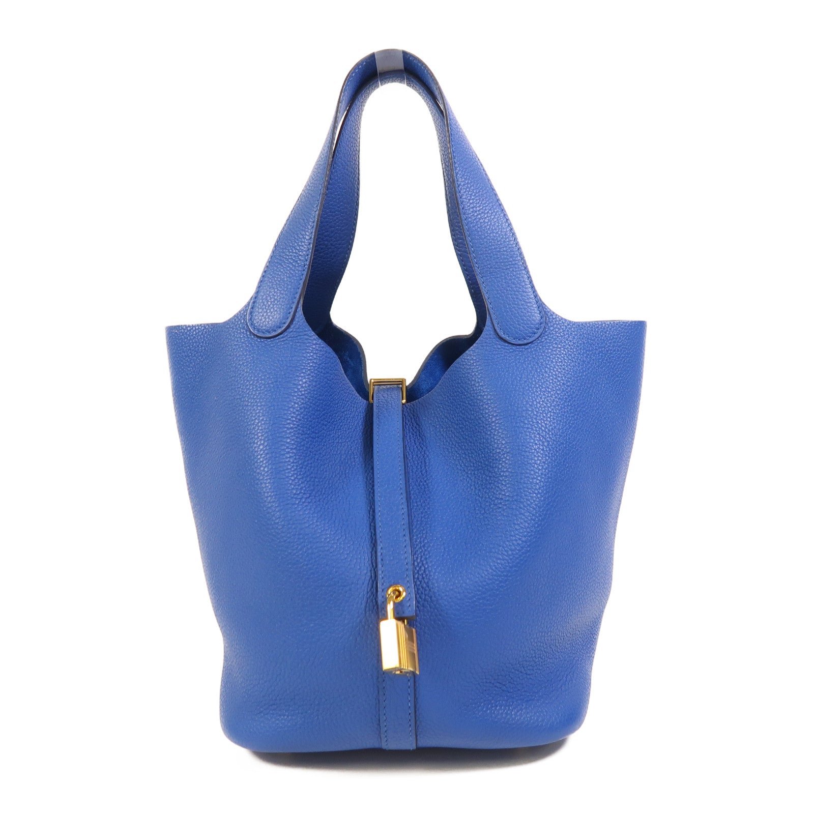 HERMES Clemence皮革Picotin MM金扣手挽袋Bleu France