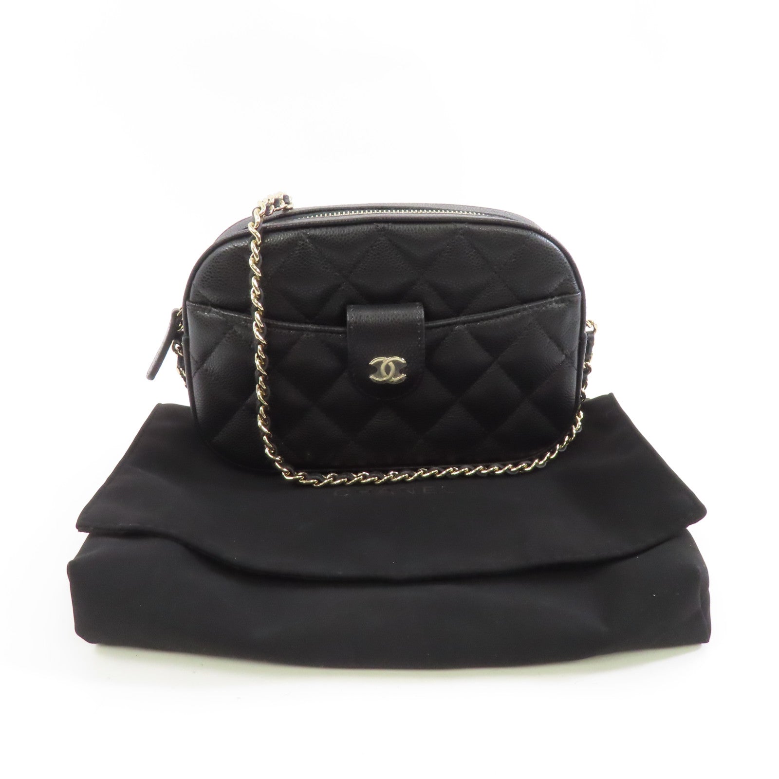 CHANEL 菱格牛皮皮革Chain Shoulder金扣鏈帶肩背袋黑色